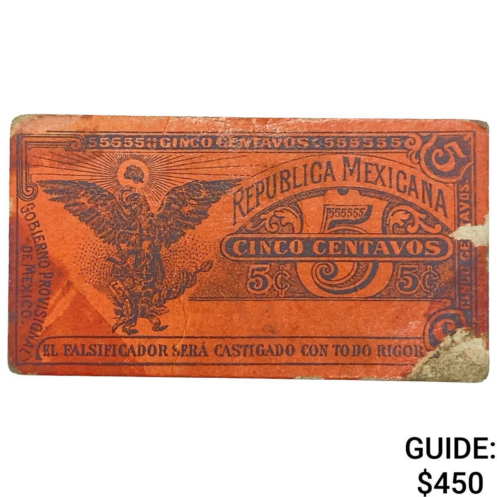 1914 Provisional Govt. of Mexico 5 Centavos (1 of 2)