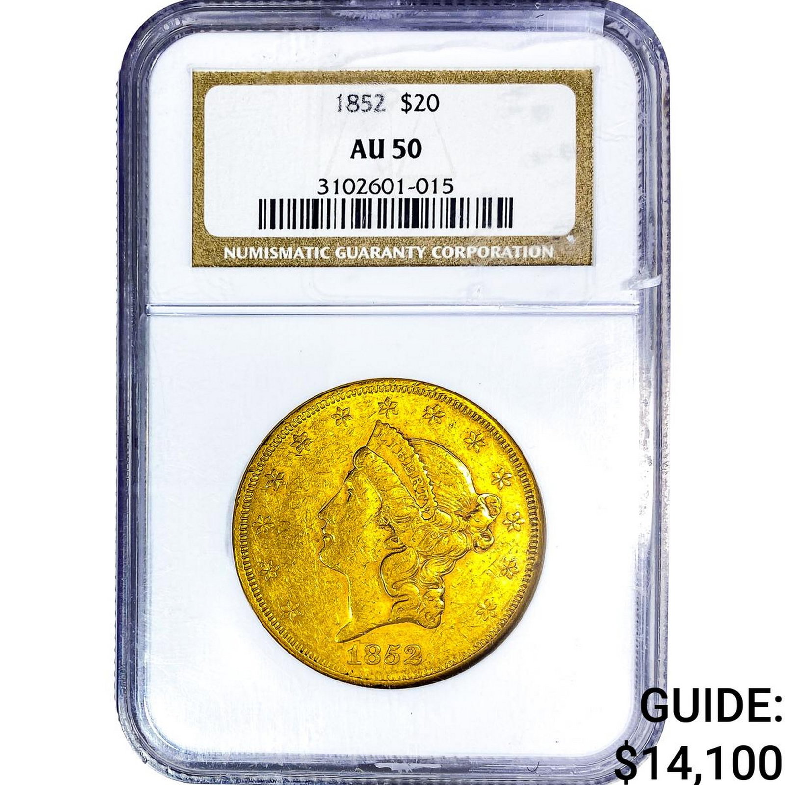 1852 $20 Gold Double Eagle NGC AU50: 1852 $20 Gold Double Eagle NGC AU50