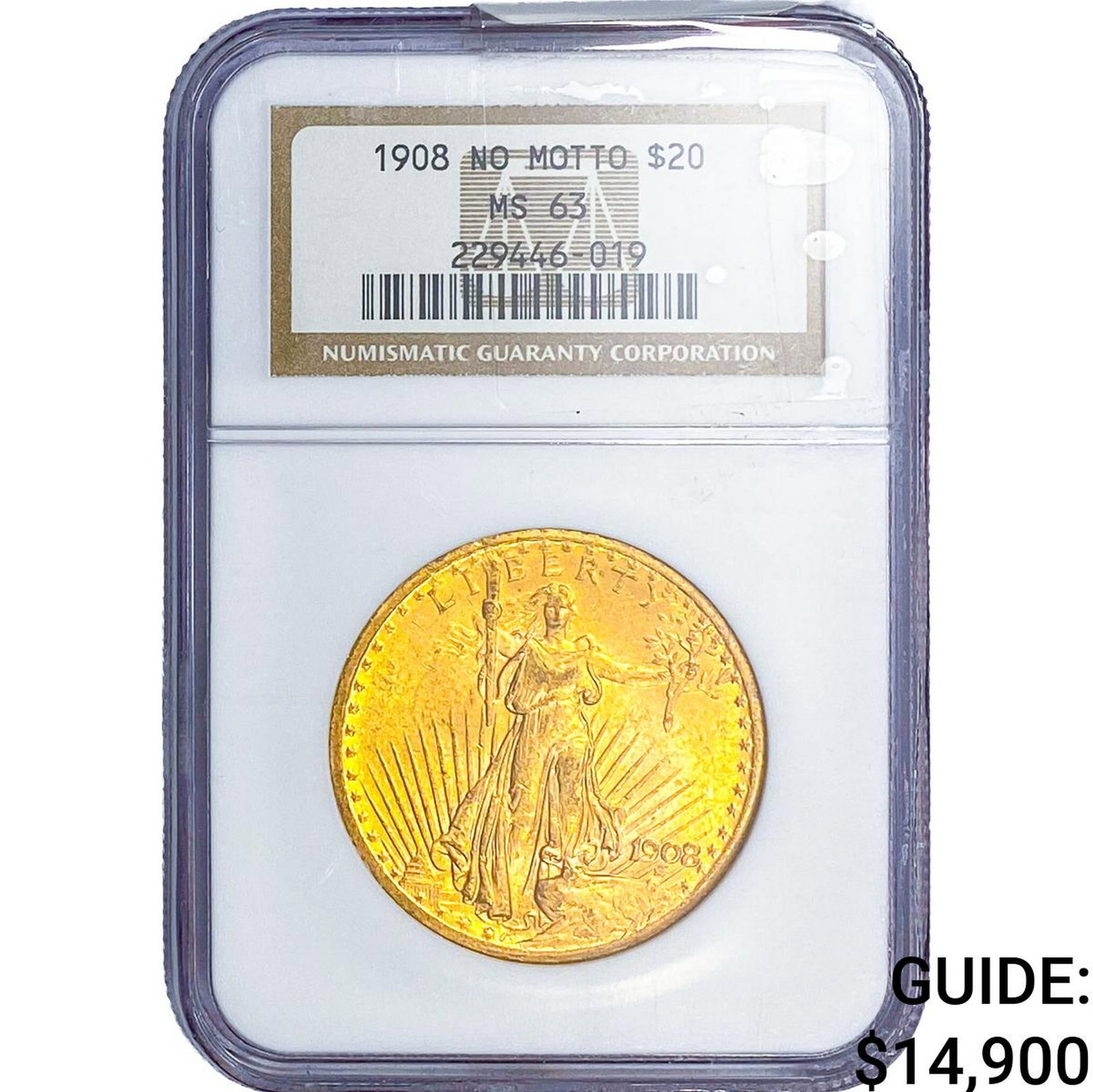 1908 $20 Gold Double Eagle NGC MS63 No Motto: 1908 $20 Gold Double Eagle NGC MS63 No Motto