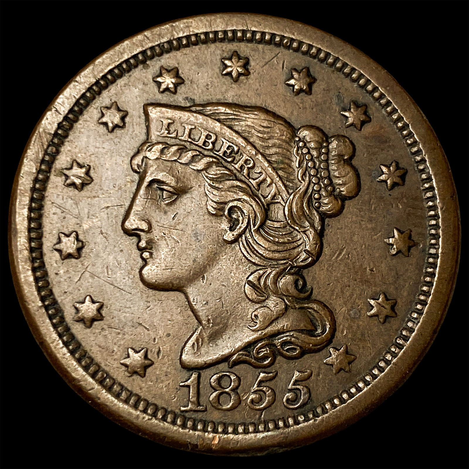 1855 Braided Hair Large Cent CLOSELY UNCIRCULATED (1 of 2)