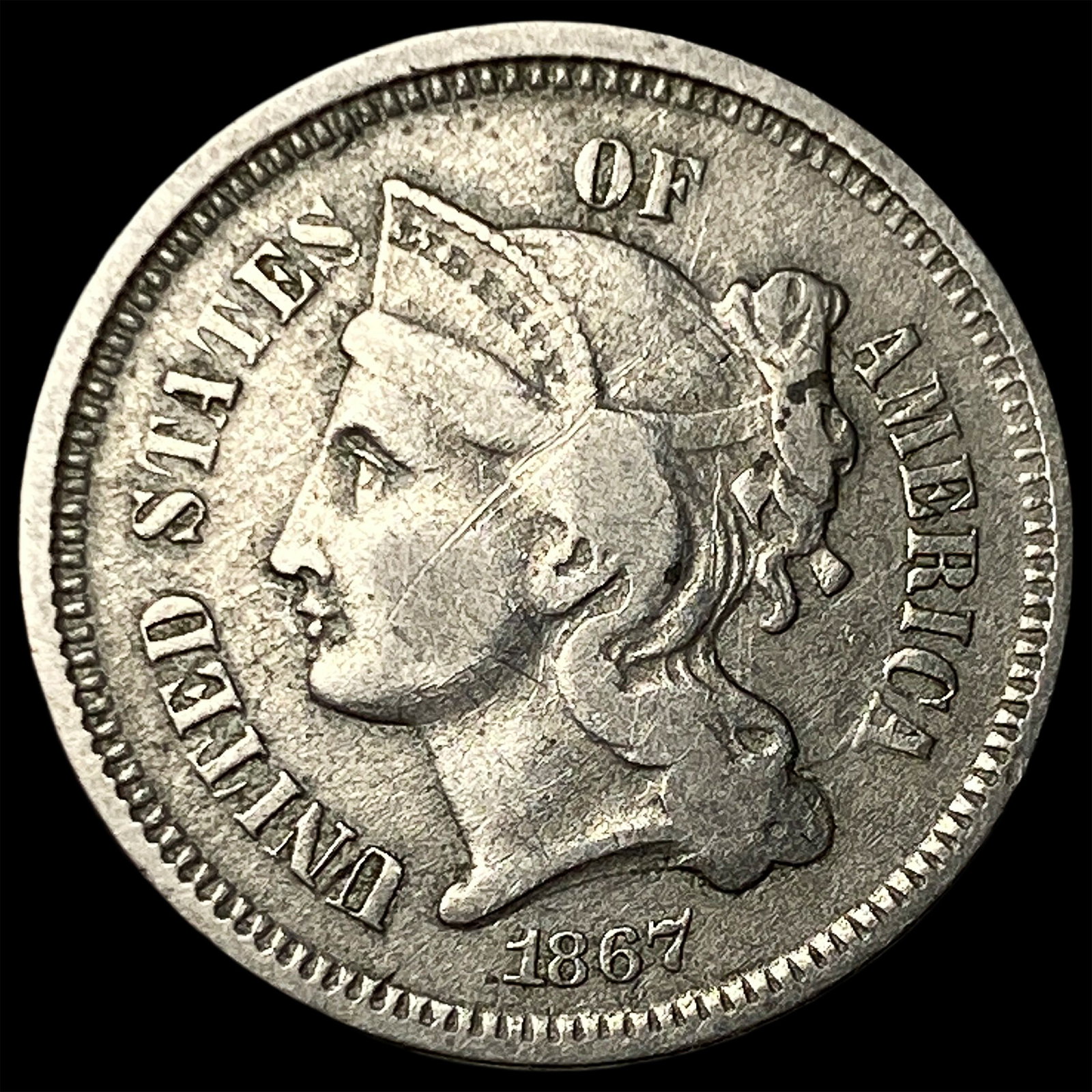 1867 Nickel Three-Cent Piece CLOSELY UNCIRCULATED (1 of 2)