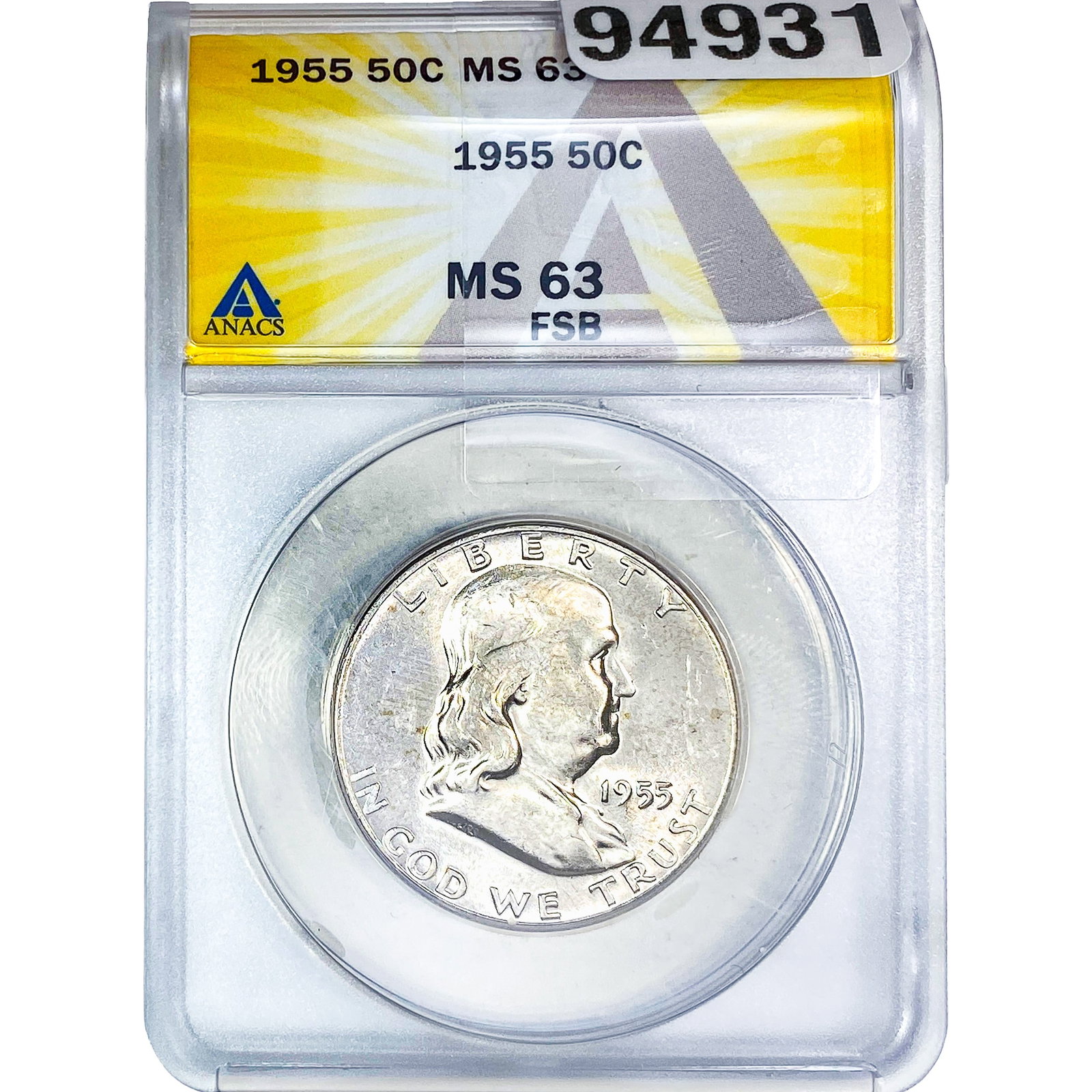 1955 Franklin Half Dollar ANACS MS63 FSB: 1955 Franklin Half Dollar ANACS MS63 FSB