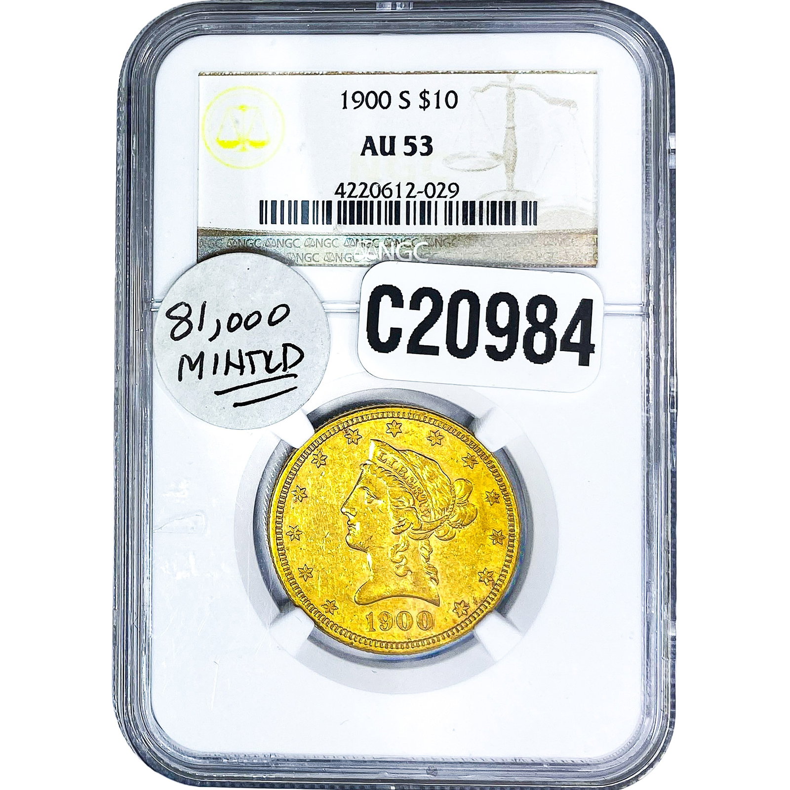 1900-S $10 Gold Eagle NGC AU53: 1900-S $10 Gold Eagle NGC AU53