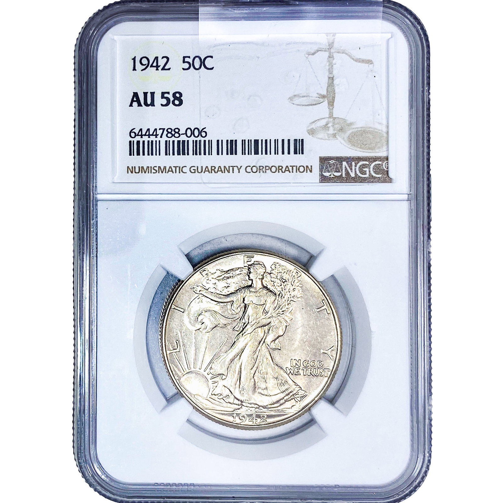1942 Walking Liberty Half Dollar NGC AU58: 1942 Walking Liberty Half Dollar NGC AU58