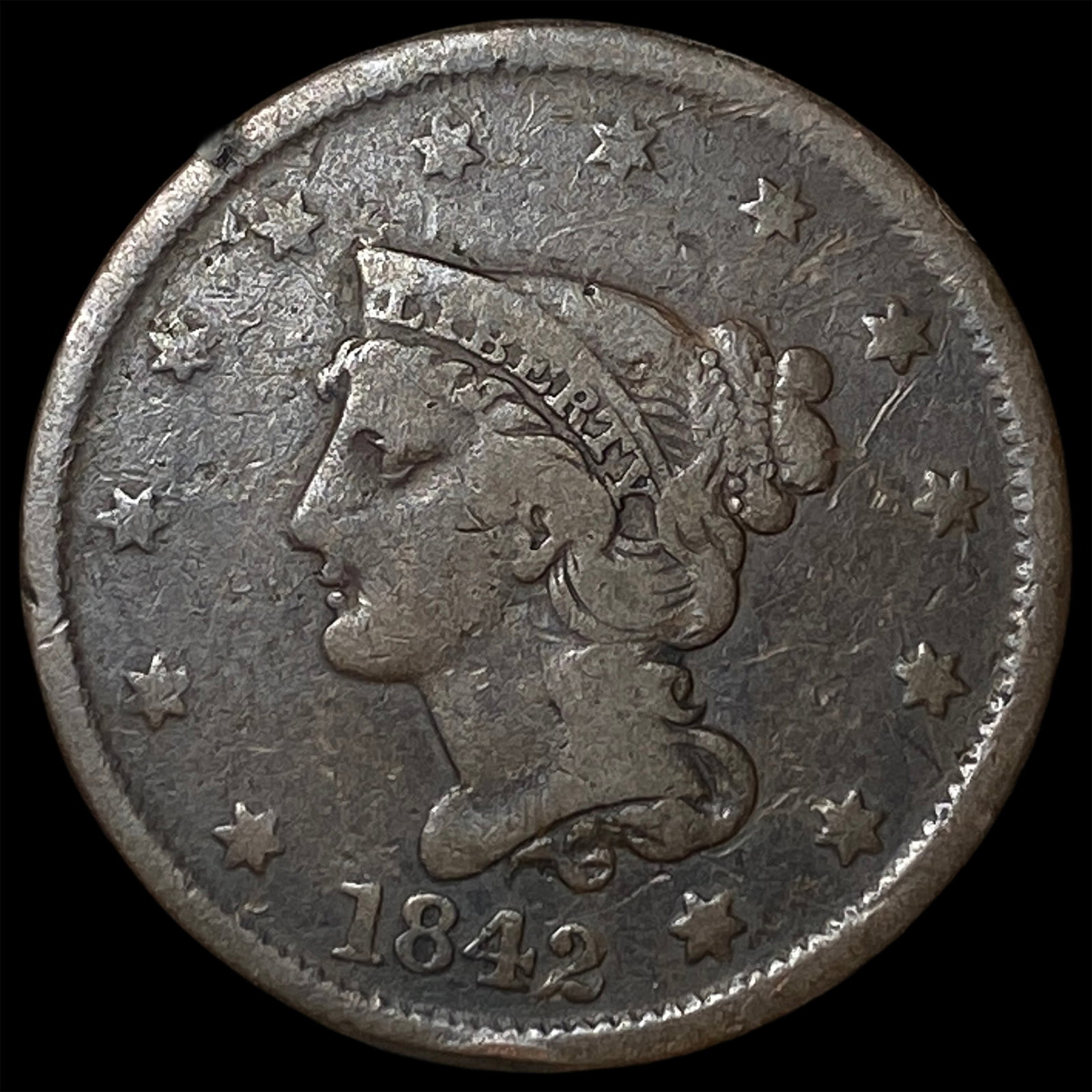 1842 Braided Hair Large Cent NICELY CIRCULATED: 1842 Braided Hair Large Cent NICELY CIRCULATED