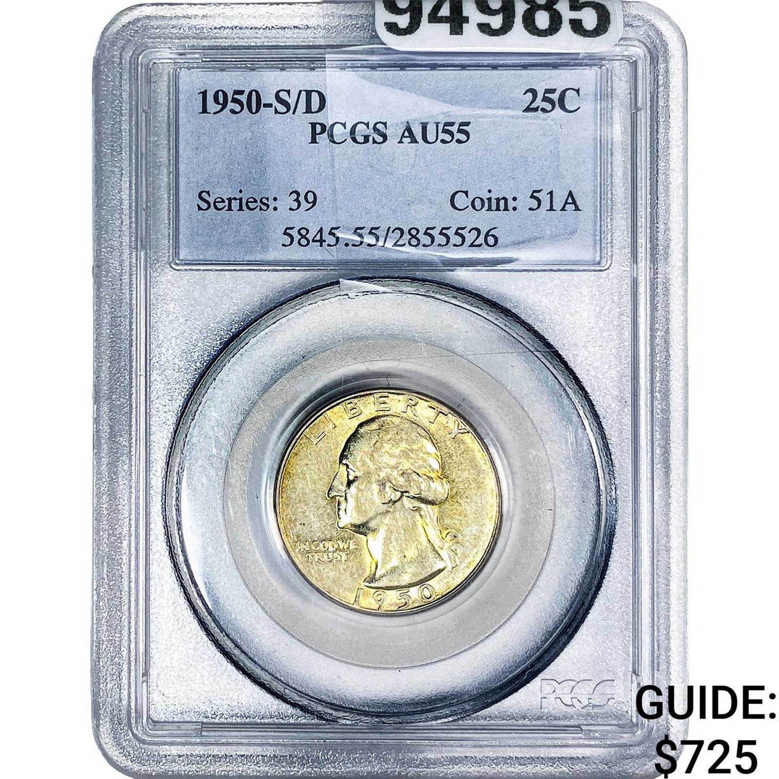1950-S/D Washington Silver Quarter PCGS AU55: 1950-S/D Washington Silver Quarter PCGS AU55