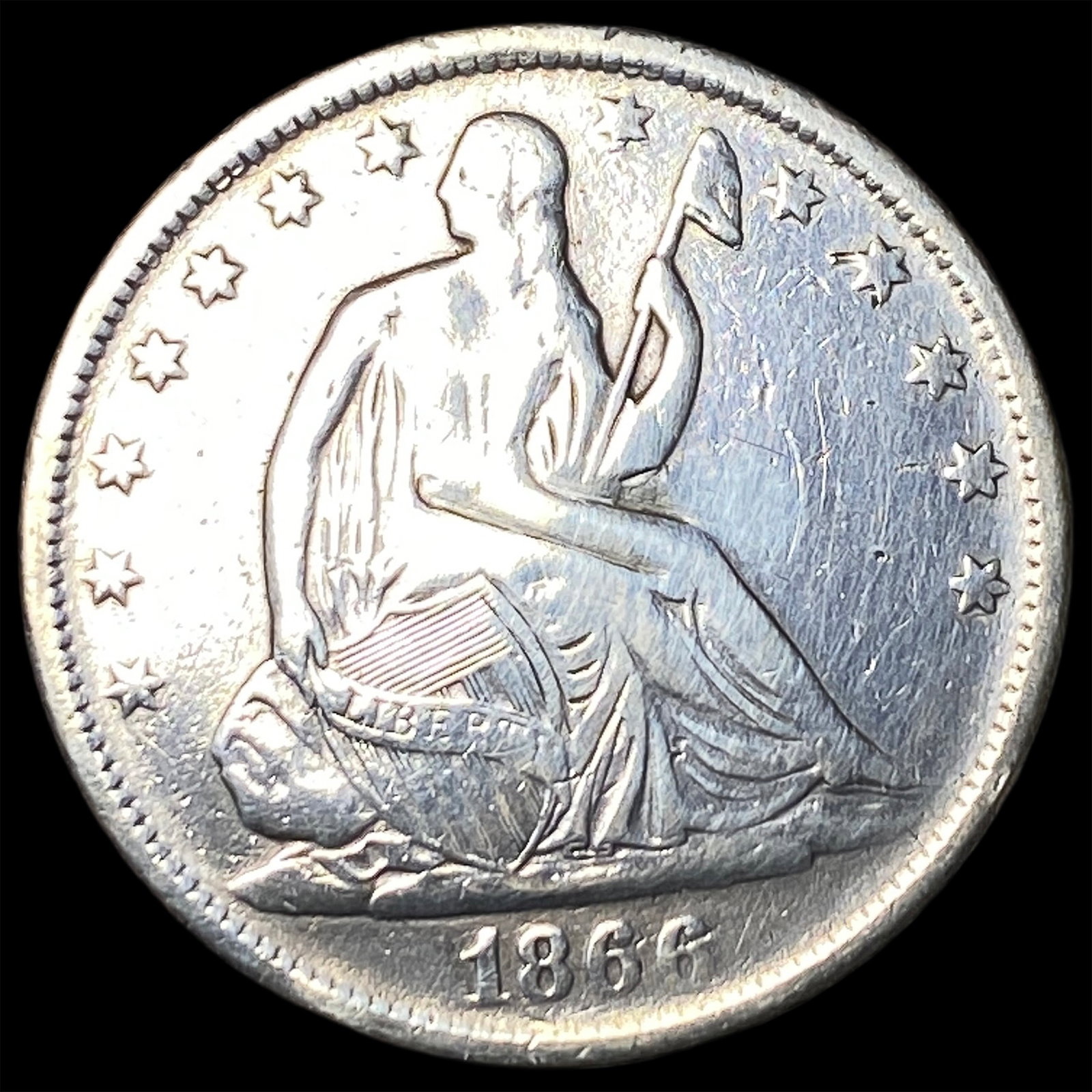 1866-S Silver Seated Liberty Half Dollar NEARLY UNCIRCULATED: 1866-S Silver Seated Liberty Half Dollar NEARLY UNCIRCULATED