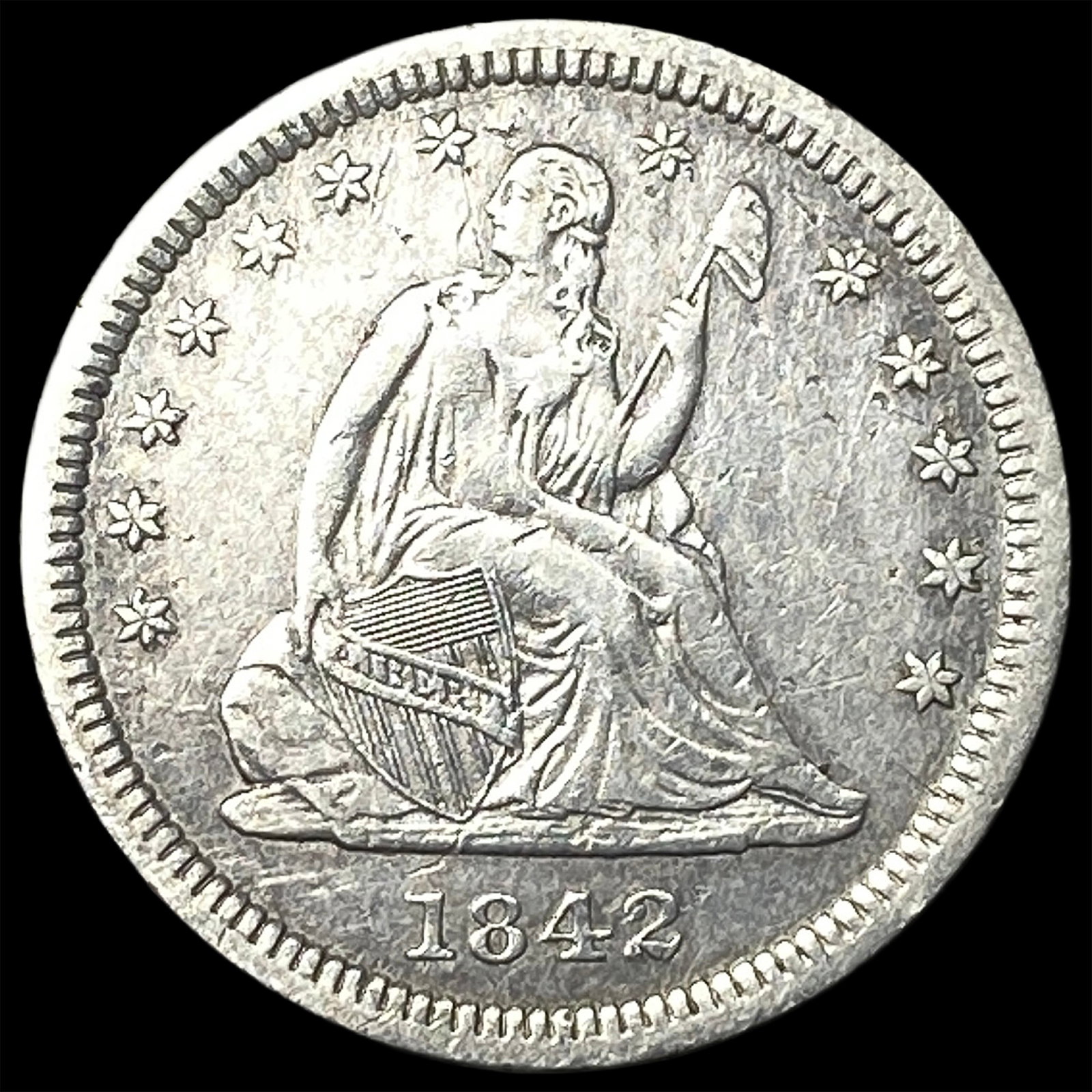 1842-O Silver Seated Liberty Quarter CLOSELY UNCIRCULATED: 1842-O Silver Seated Liberty Quarter CLOSELY UNCIRCULATED