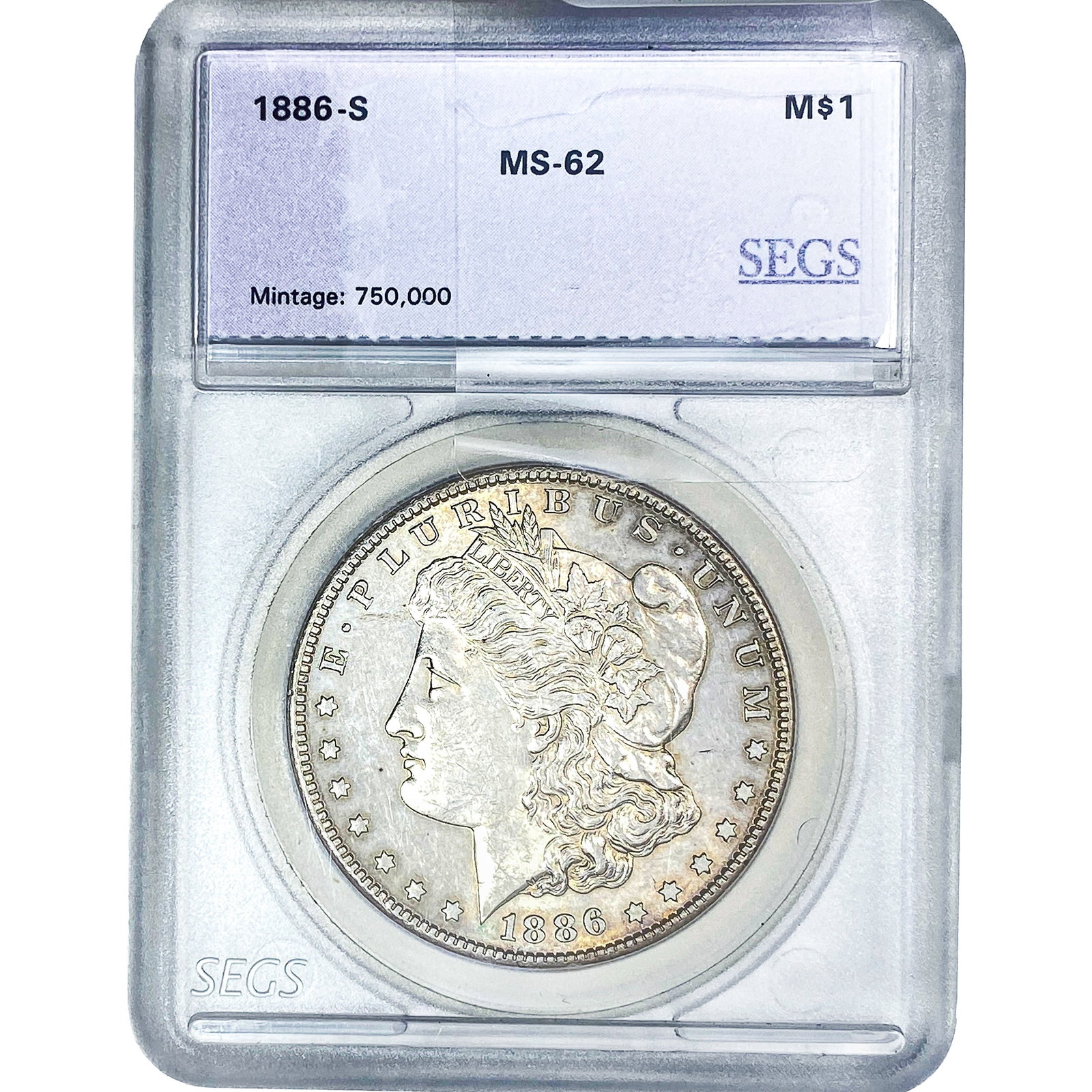 1886-S Morgan Silver Dollar SEGS MS62: 1886-S Morgan Silver Dollar SEGS MS62