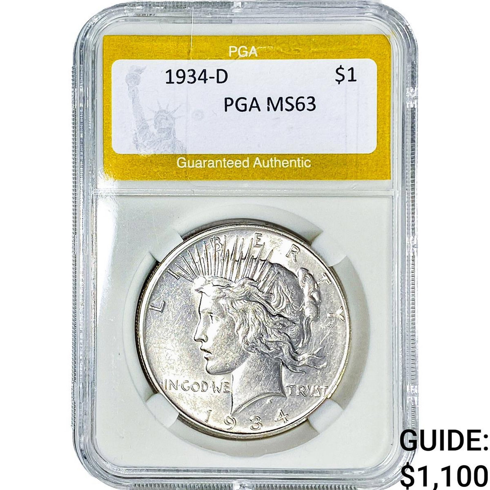1934-D Silver Peace Dollar PGA MS63: 1934-D Silver Peace Dollar PGA MS63