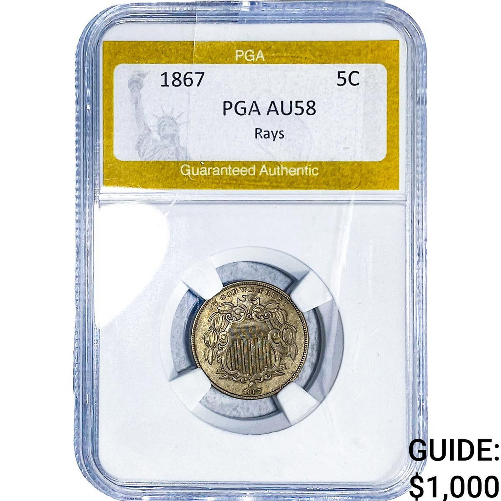 1867 Shield Nickel PGA AU58: 1867 Shield Nickel PGA AU58