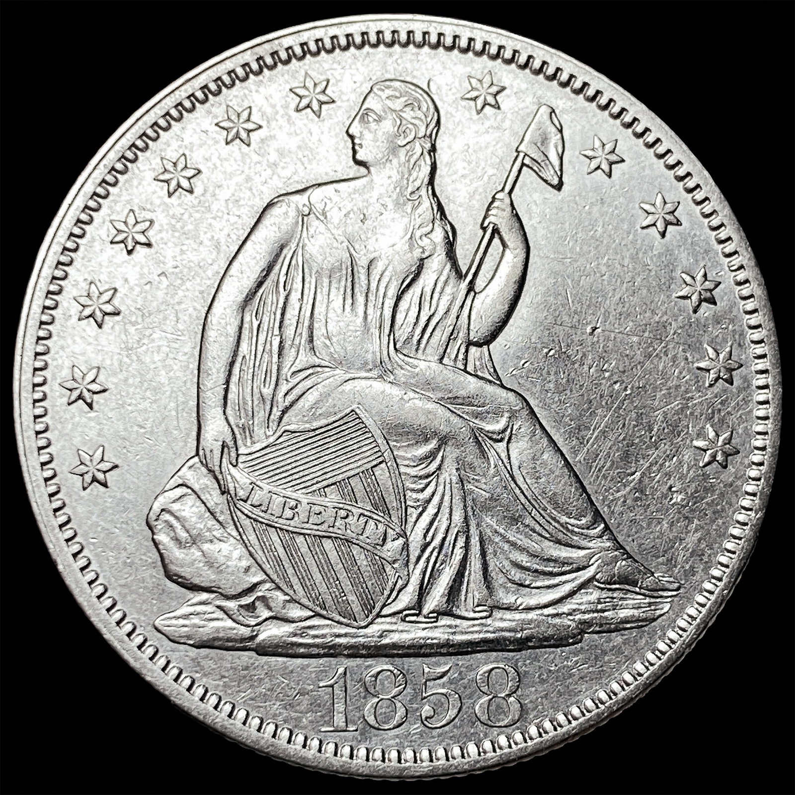 1858 Silver Seated Liberty Half Dollar CHOICE AU: 1858 Silver Seated Liberty Half Dollar CHOICE AU