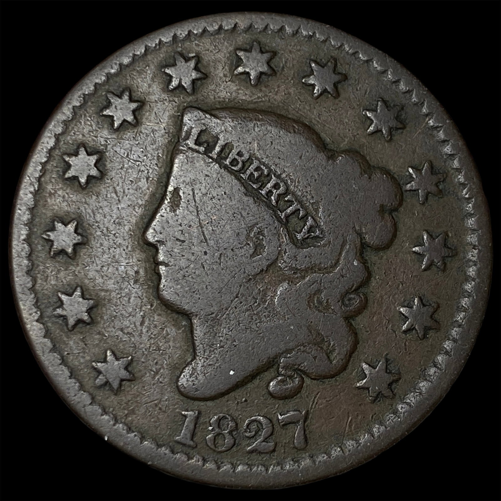 1827 Coronet Head Large Cent NICELY CIRCULATED: 1827 Coronet Head Large Cent NICELY CIRCULATED