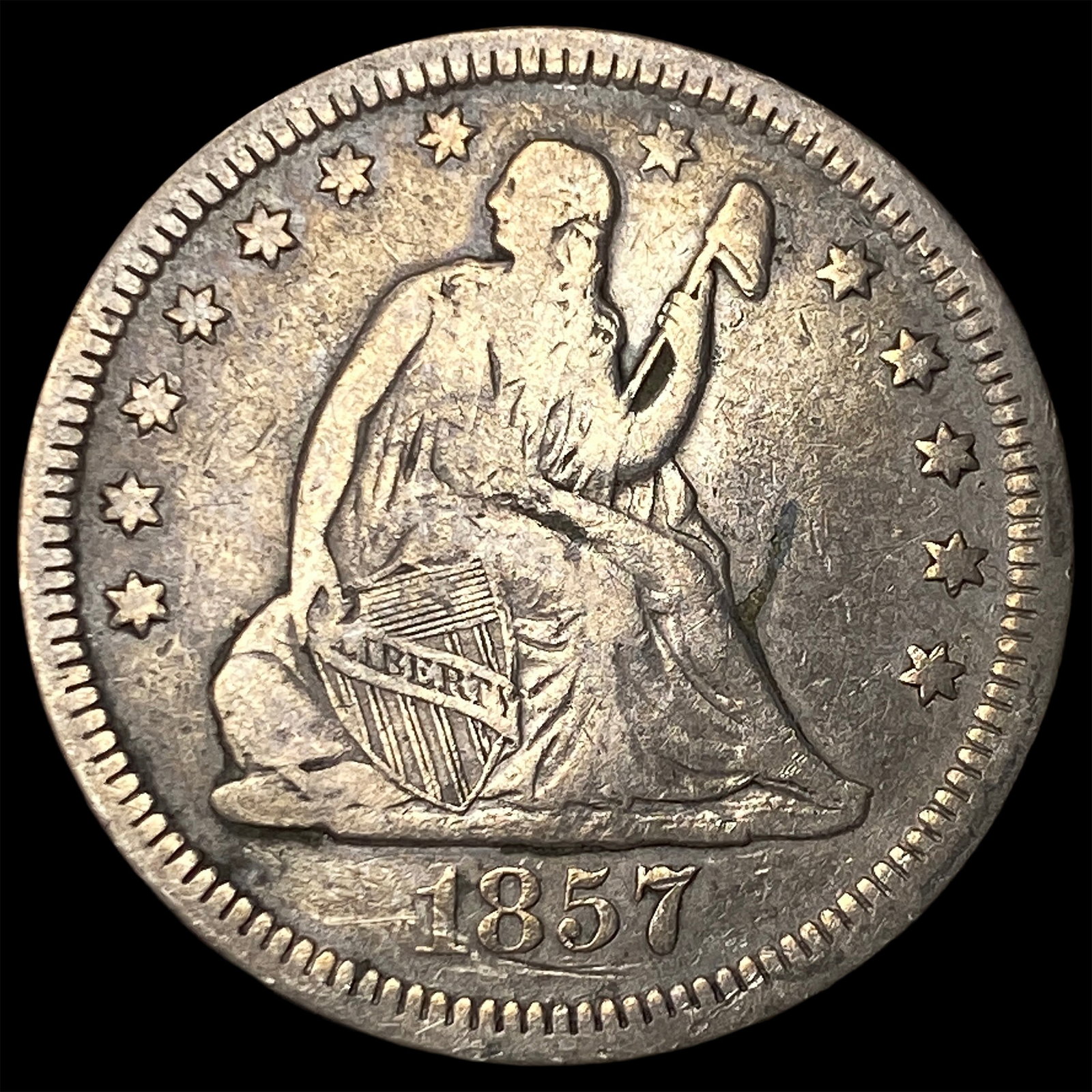 1857 Silver Seated Liberty Quarter ABOUT UNCIRCULATED: 1857 Silver Seated Liberty Quarter ABOUT UNCIRCULATED