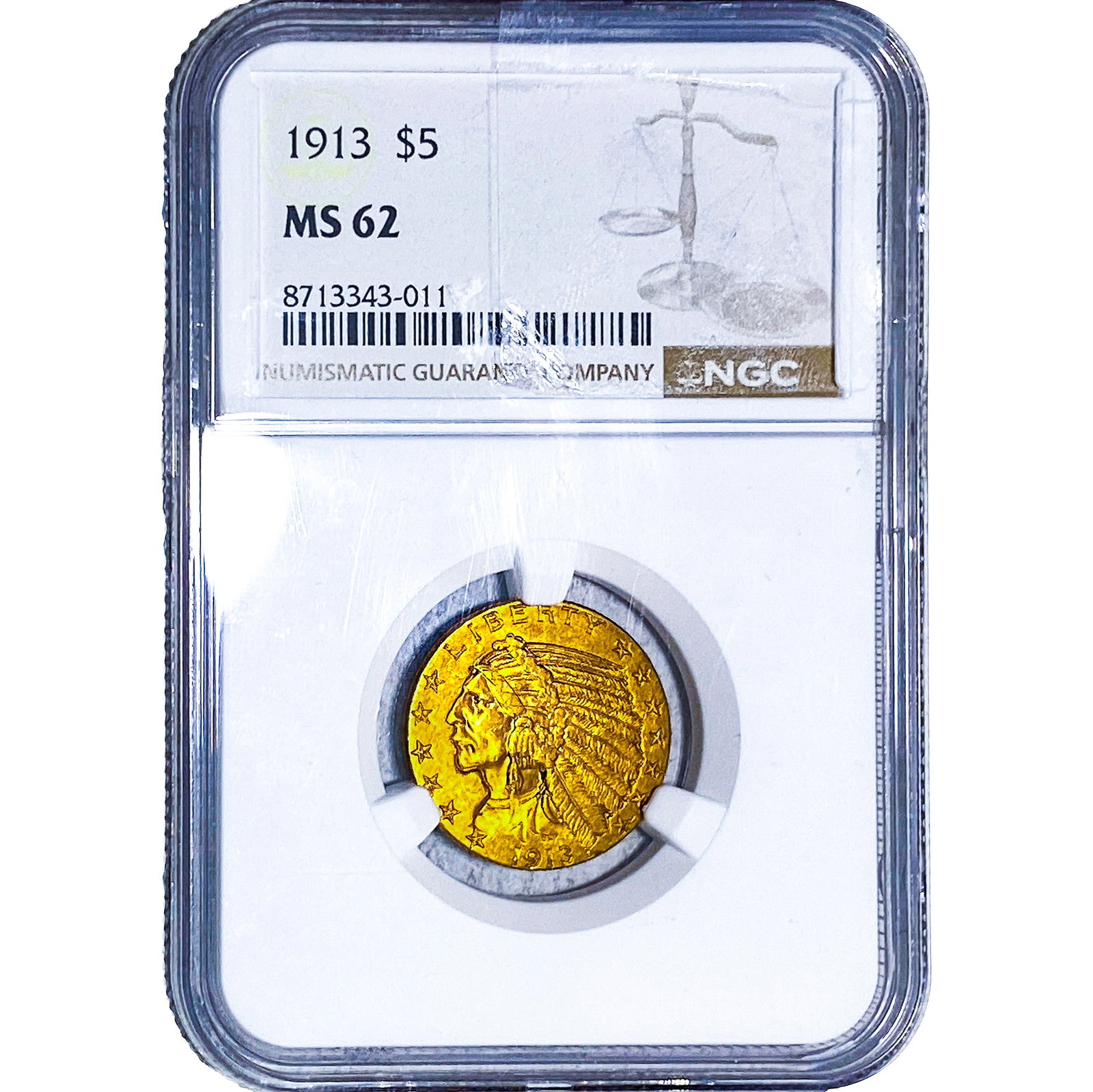 1913 $5 Gold Half Eagle NGC MS62: 1913 $5 Gold Half Eagle NGC MS62