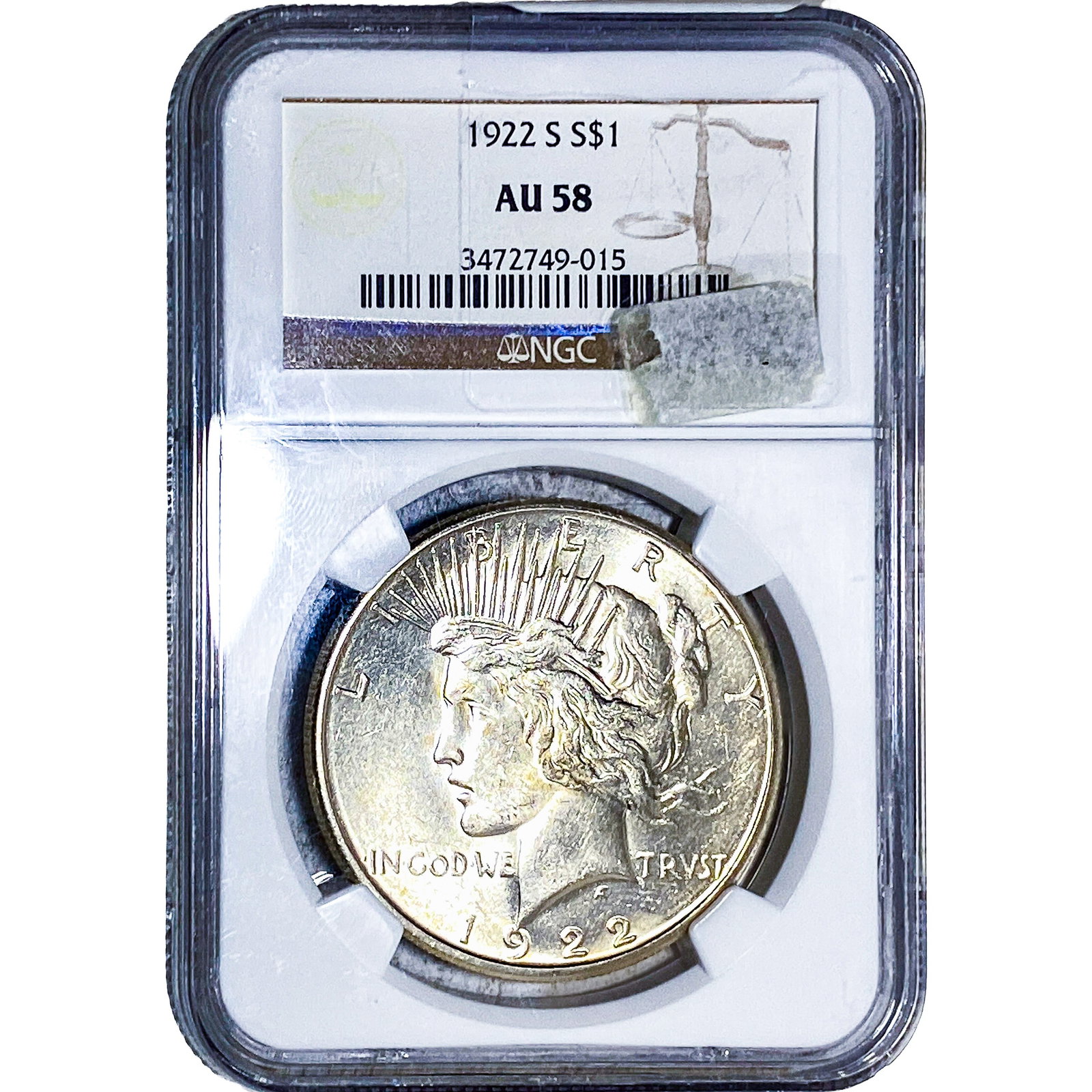1922-S Silver Peace Dollar NGC AU58: 1922-S Silver Peace Dollar NGC AU58