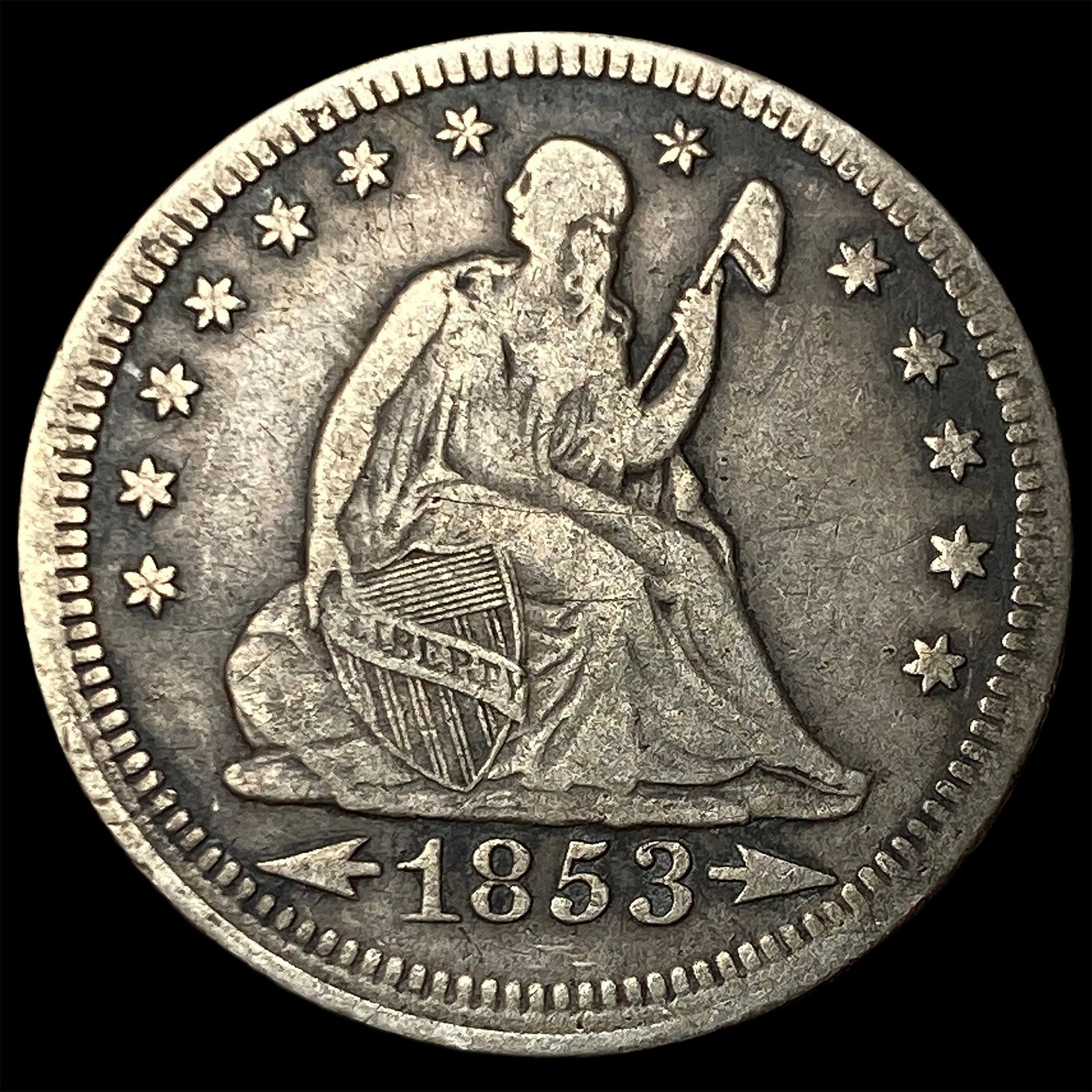 1853 Arrows/Rays Seated Liberty Quarter LIGHTLY CIRCULATED: 1853 Arrows/Rays Seated Liberty Quarter LIGHTLY CIRCULATED