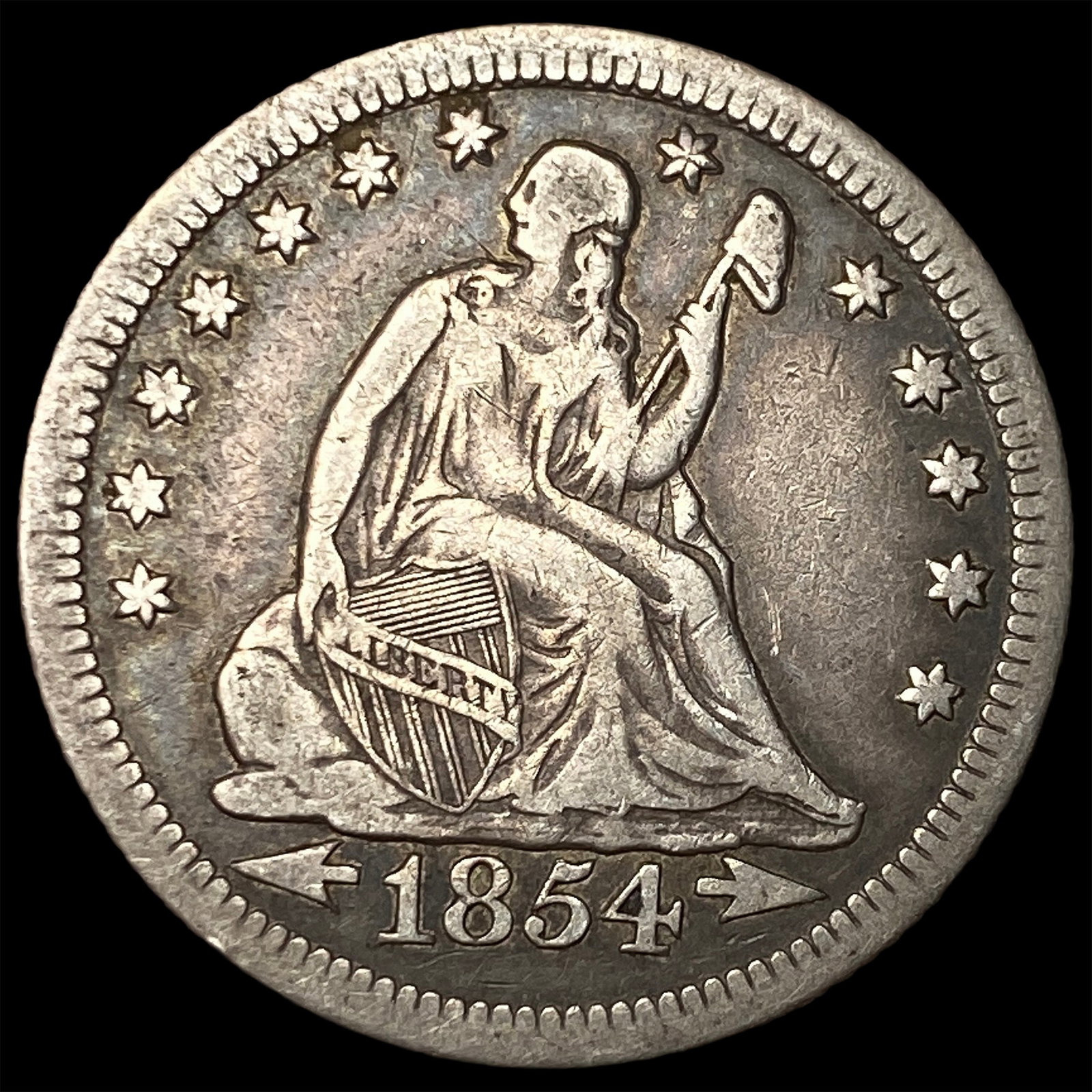 1854-O Silver Seated Liberty Quarter ABOUT UNCIRCULATED (1 of 2)