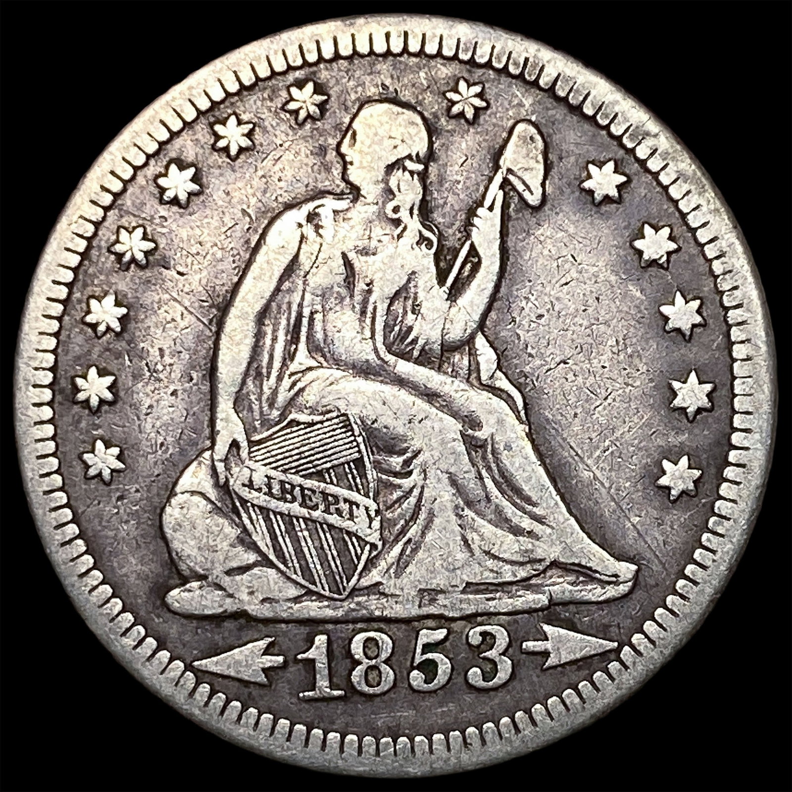 1853-O Arrows & Rays Silver Seated Liberty Quarter LIGHTLY CIRCULATED: 1853-O Arrows & Rays Silver Seated Liberty Quarter LIGHTLY CIRCULATED
