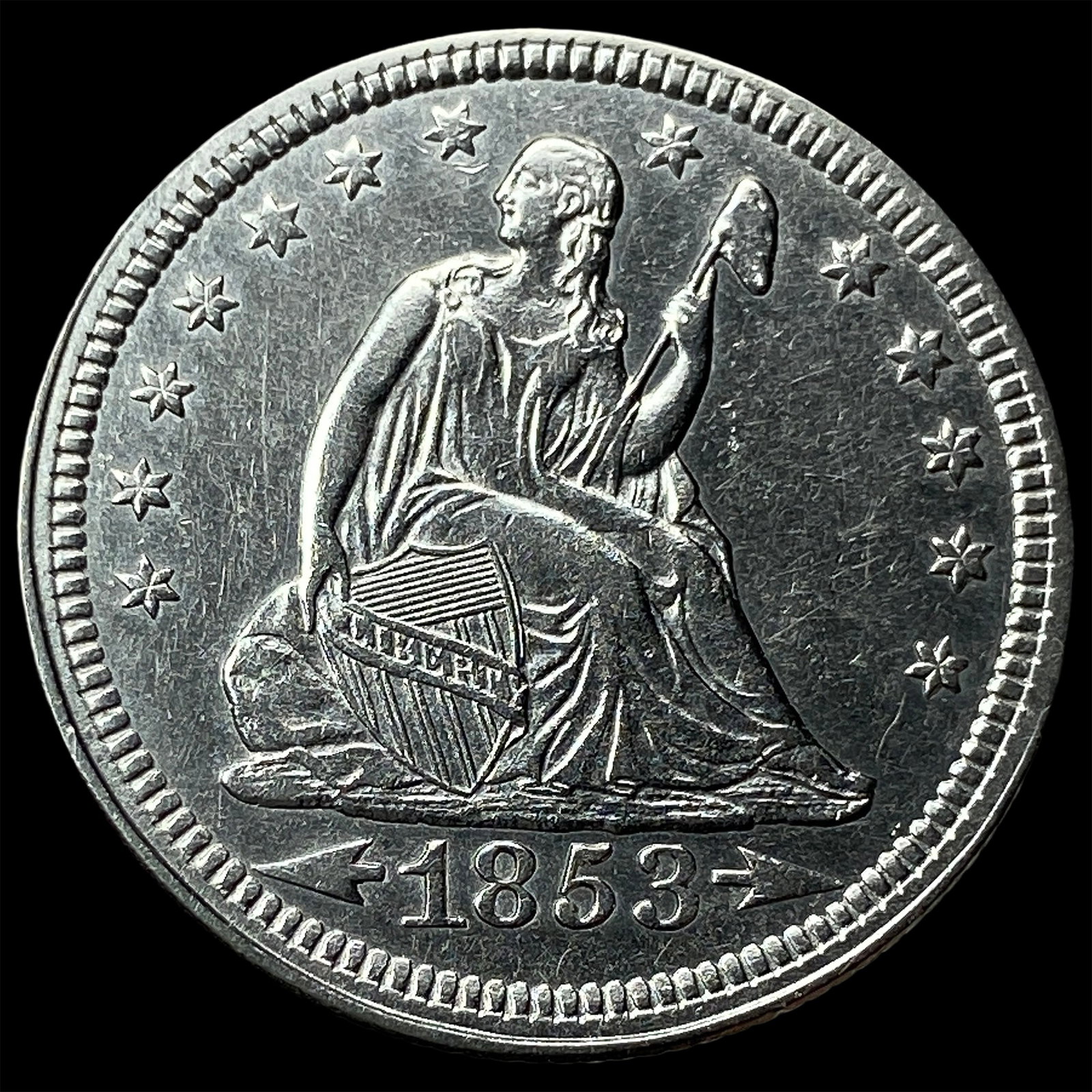 1853 Arrows/Rays Seated Liberty Quarter CLOSELY UNCIRCULATED: 1853 Arrows/Rays Seated Liberty Quarter CLOSELY UNCIRCULATED