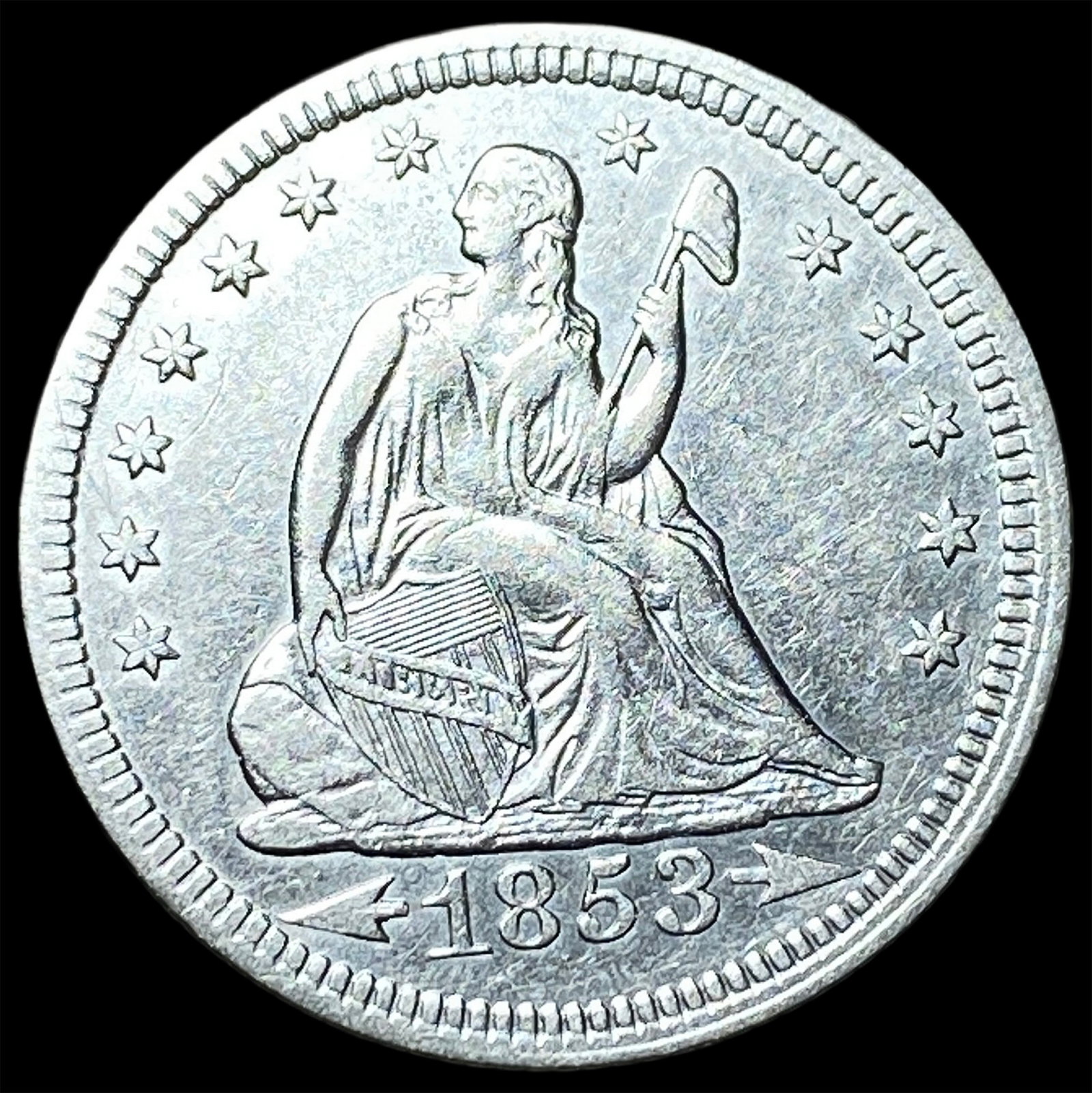 1853 Arrows/Rays Seated Liberty Quarter CLOSELY UNCIRCULATED: 1853 Arrows/Rays Seated Liberty Quarter CLOSELY UNCIRCULATED