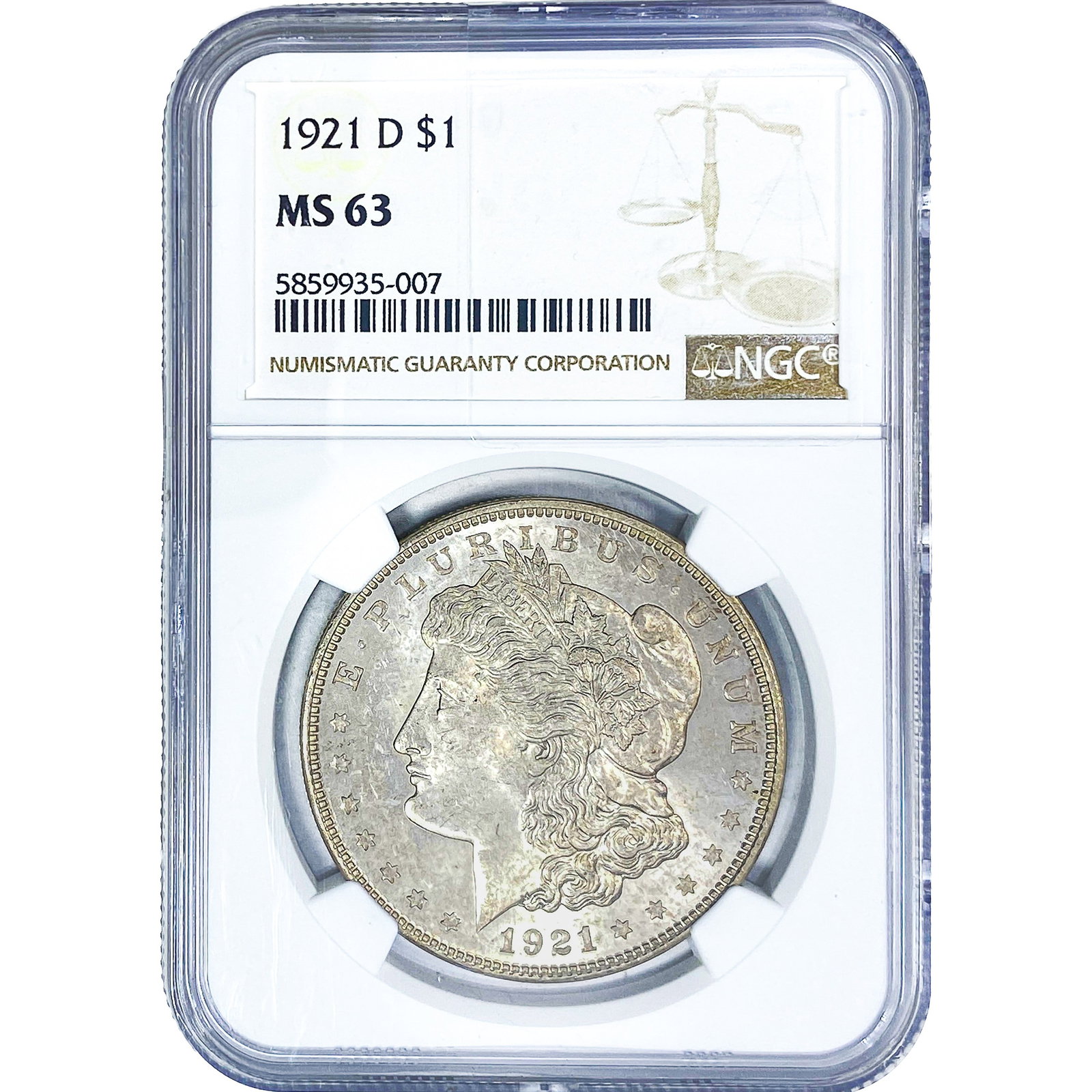1921-D Morgan Silver Dollar NGC MS63: 1921-D Morgan Silver Dollar NGC MS63