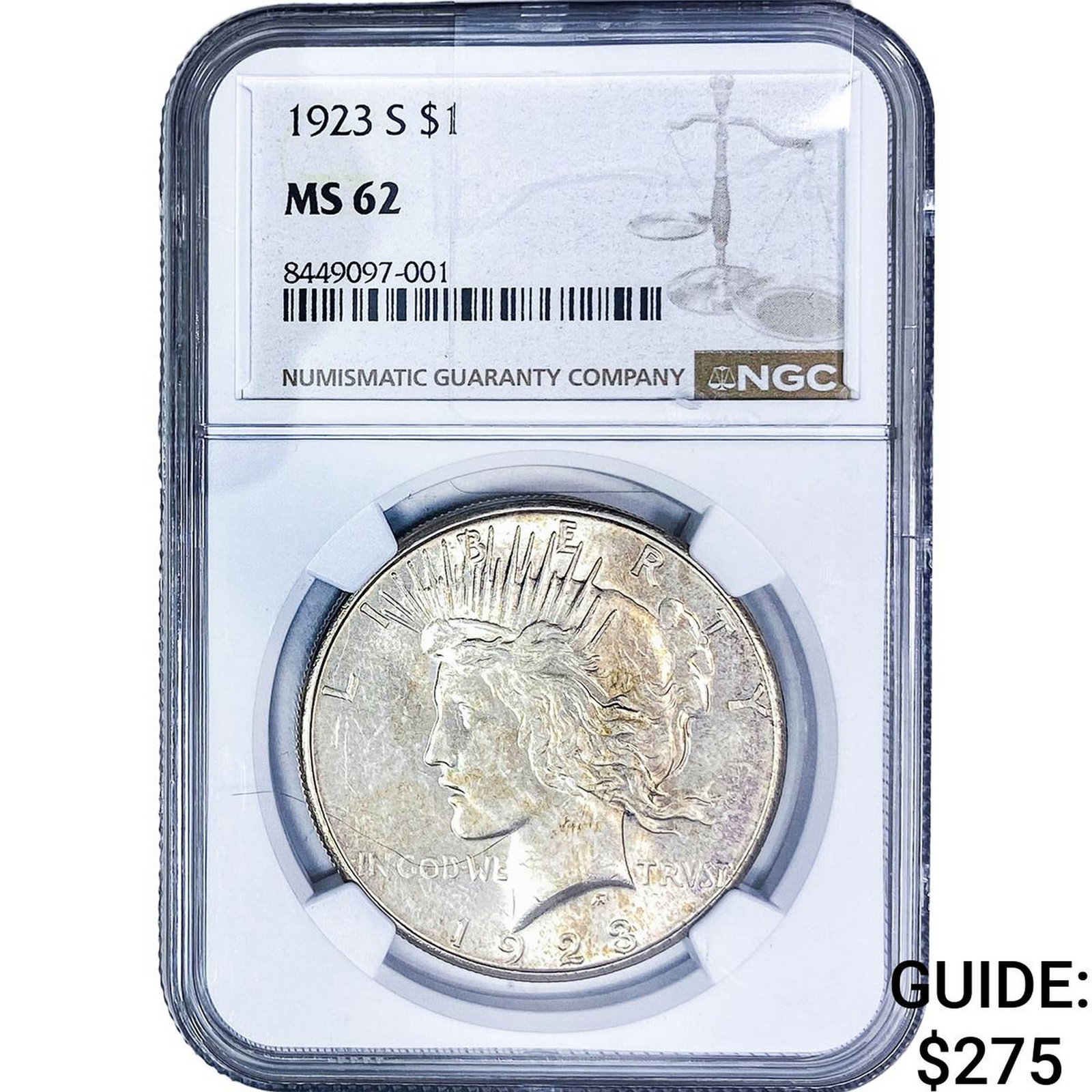 1923-S Silver Peace Dollar NGC MS62: 1923-S Silver Peace Dollar NGC MS62