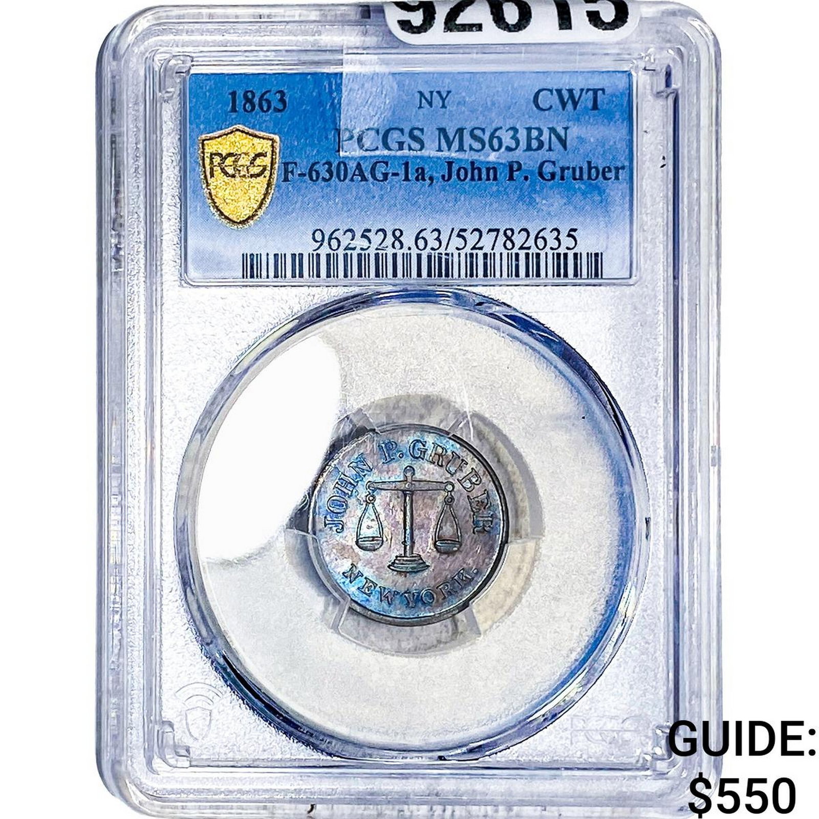 1863 Civil War Token John P. Gruber PCGS MS63 BN: 1863 Civil War Token John P. Gruber PCGS MS63 BN