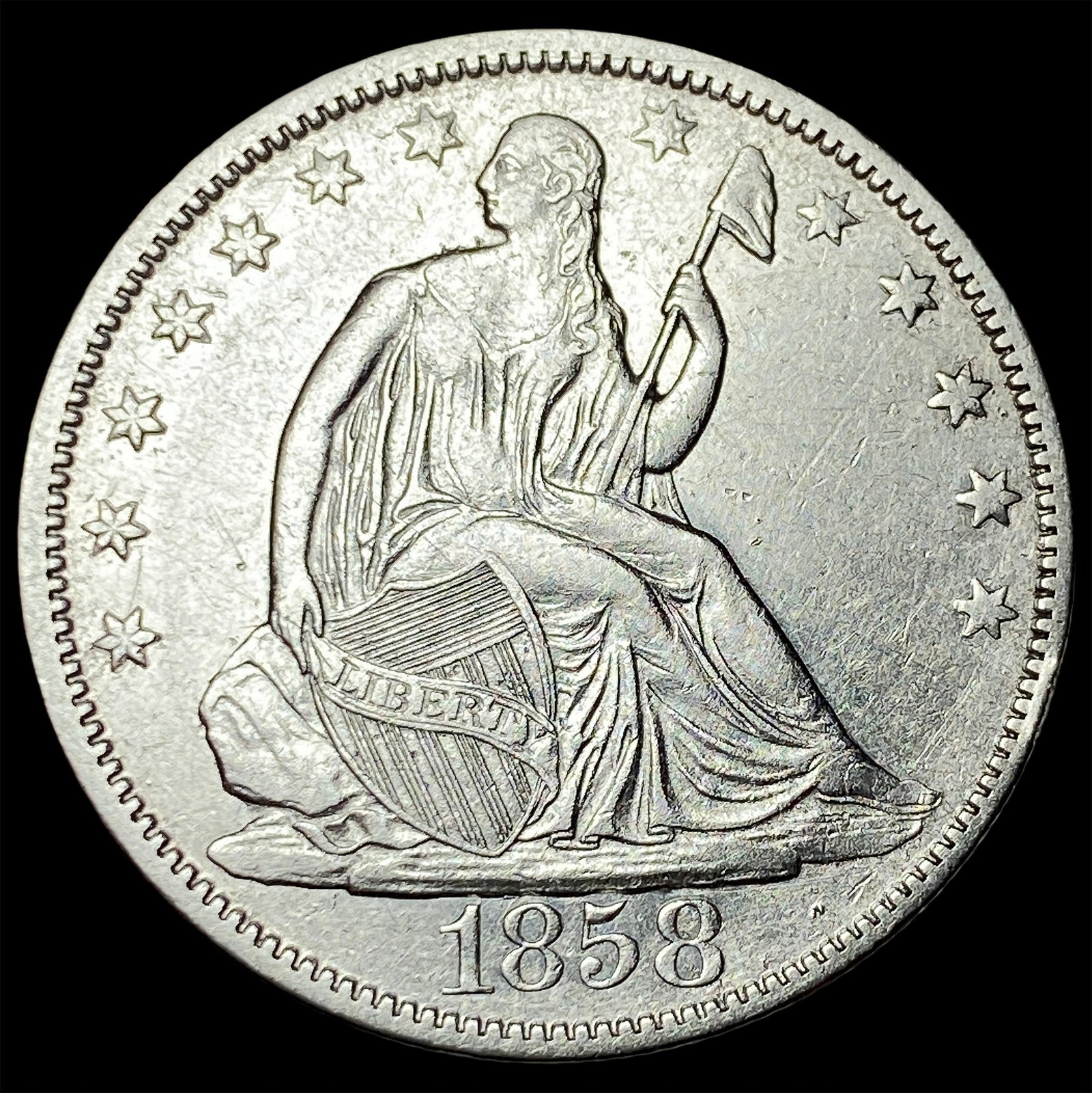 1858-O Silver Seated Liberty Half Dollar CLOSELY UNCIRCULATED: 1858-O Silver Seated Liberty Half Dollar CLOSELY UNCIRCULATED