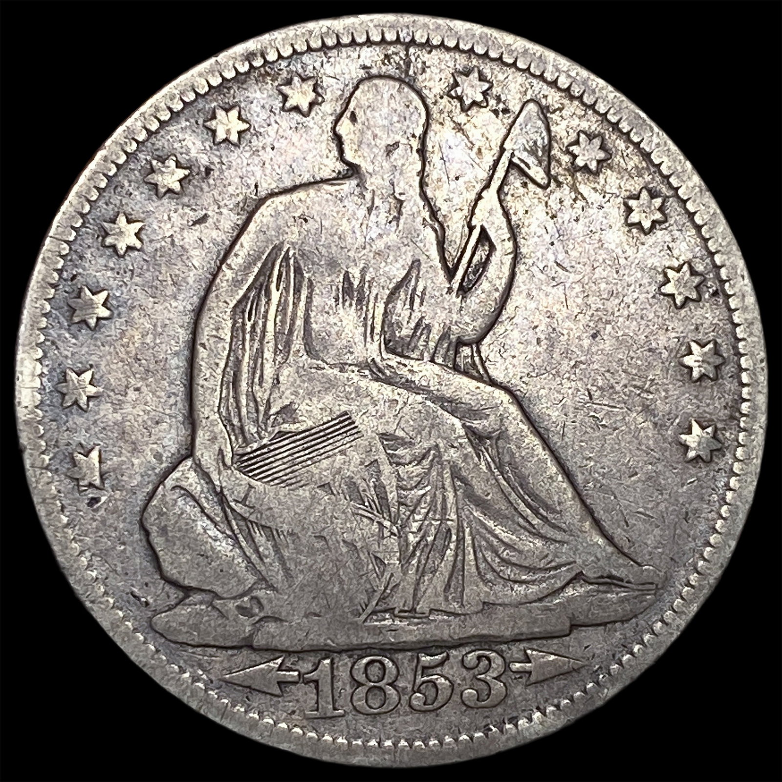 1853 Arrows/Rays Seated Liberty Half Dollar LIGHTLY CIRCULATED: 1853 Arrows/Rays Seated Liberty Half Dollar LIGHTLY CIRCULATED
