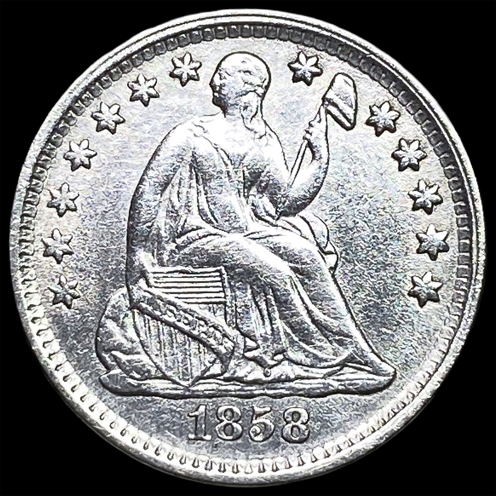 1858 Silver Seated Liberty Half Dime CLOSELY UNCIRCULATED: 1858 Silver Seated Liberty Half Dime CLOSELY UNCIRCULATED