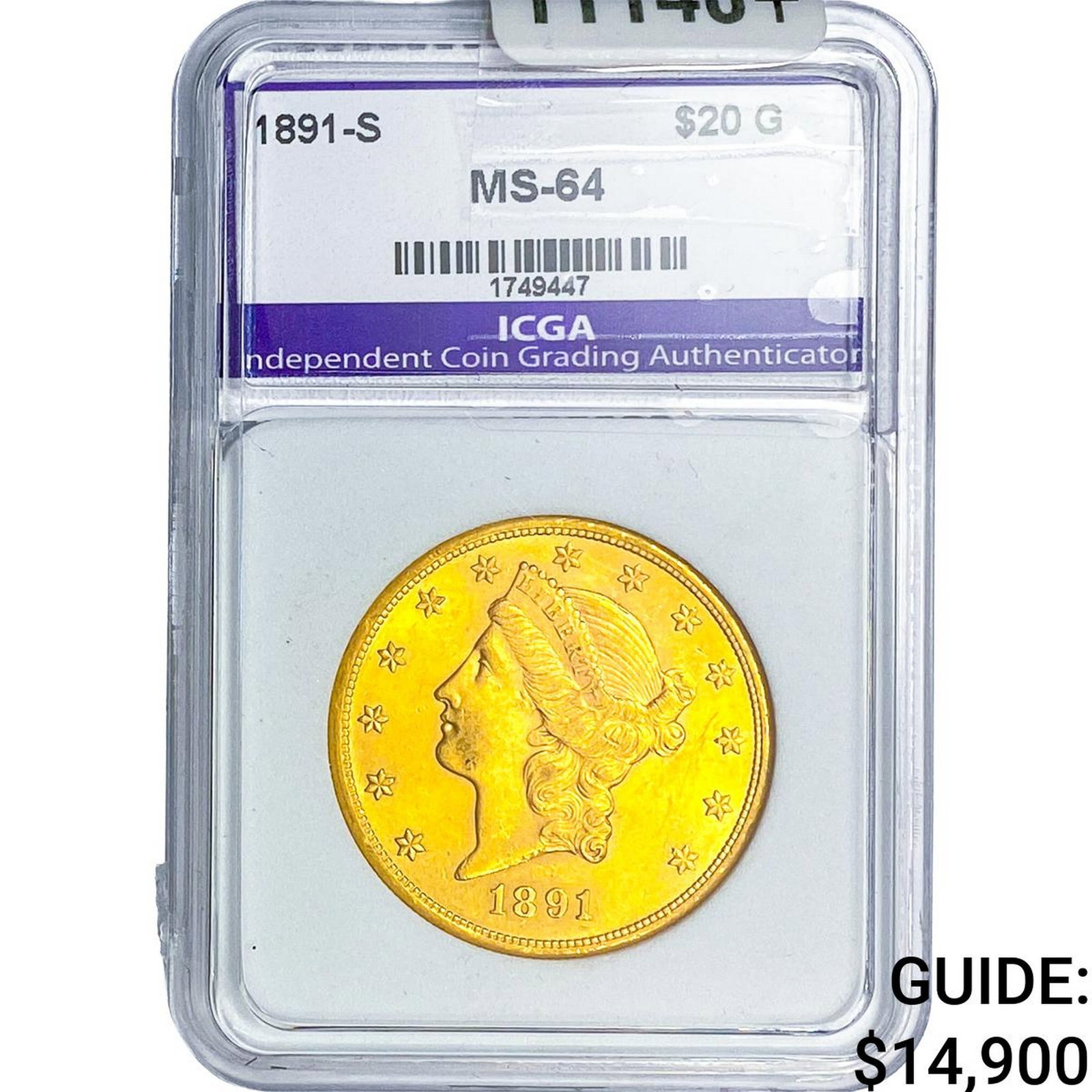 1891-S $20 Gold Double Eagle ICGS MS64: 1891-S $20 Gold Double Eagle ICGS MS64