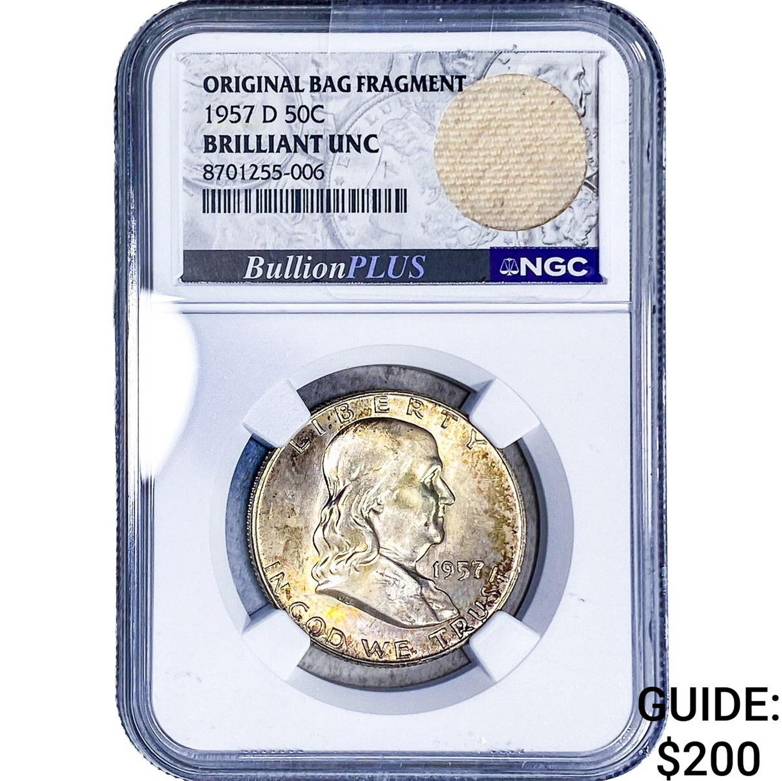 1957-D Franklin Half Dollar NGC BU Orig. Bag Frag.: 1957-D Franklin Half Dollar NGC BU Orig. Bag Frag.