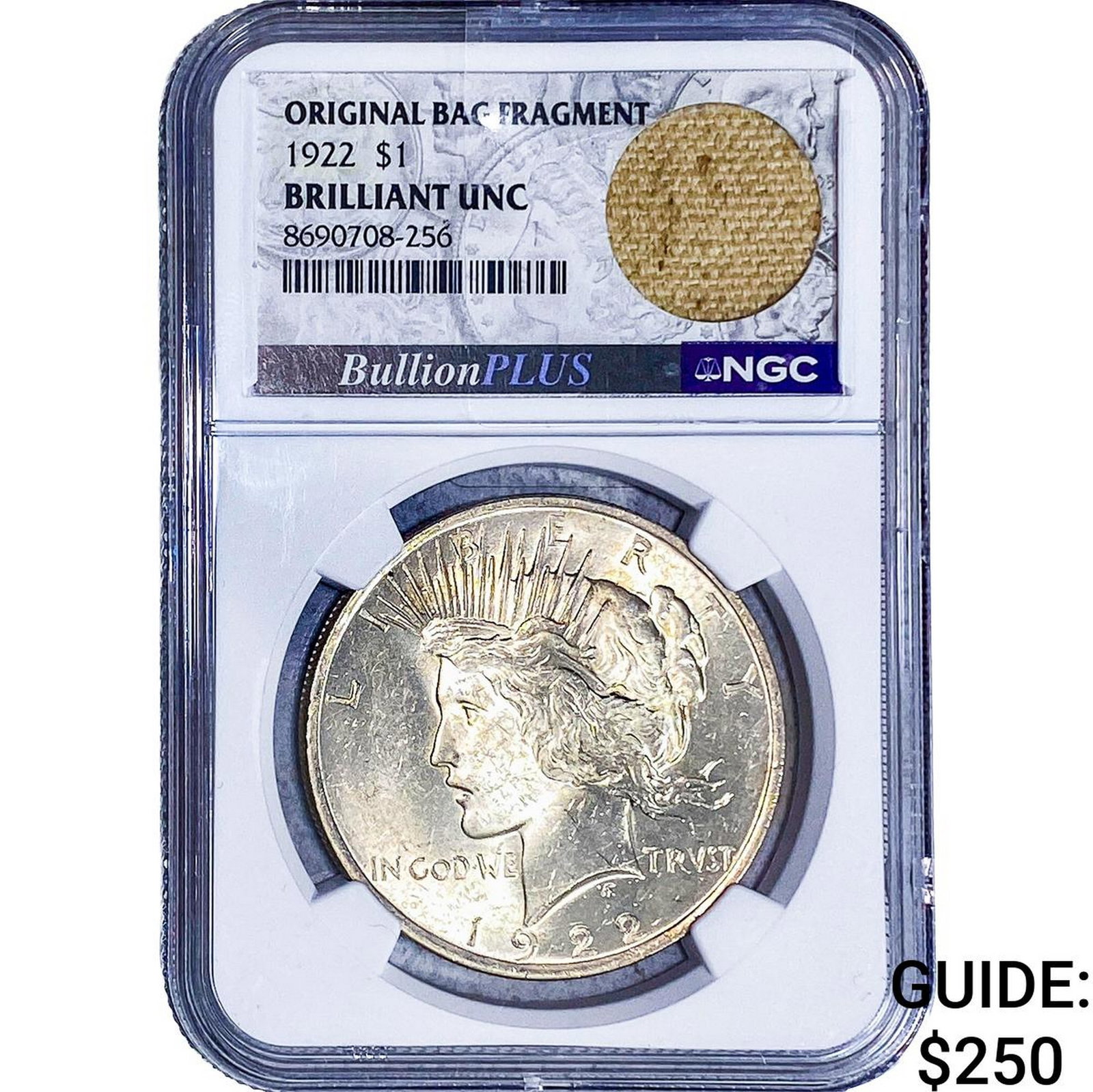 1922 Silver Peace Dollar NGC BU Orig. Bag Frag.: 1922 Silver Peace Dollar NGC BU Orig. Bag Frag.