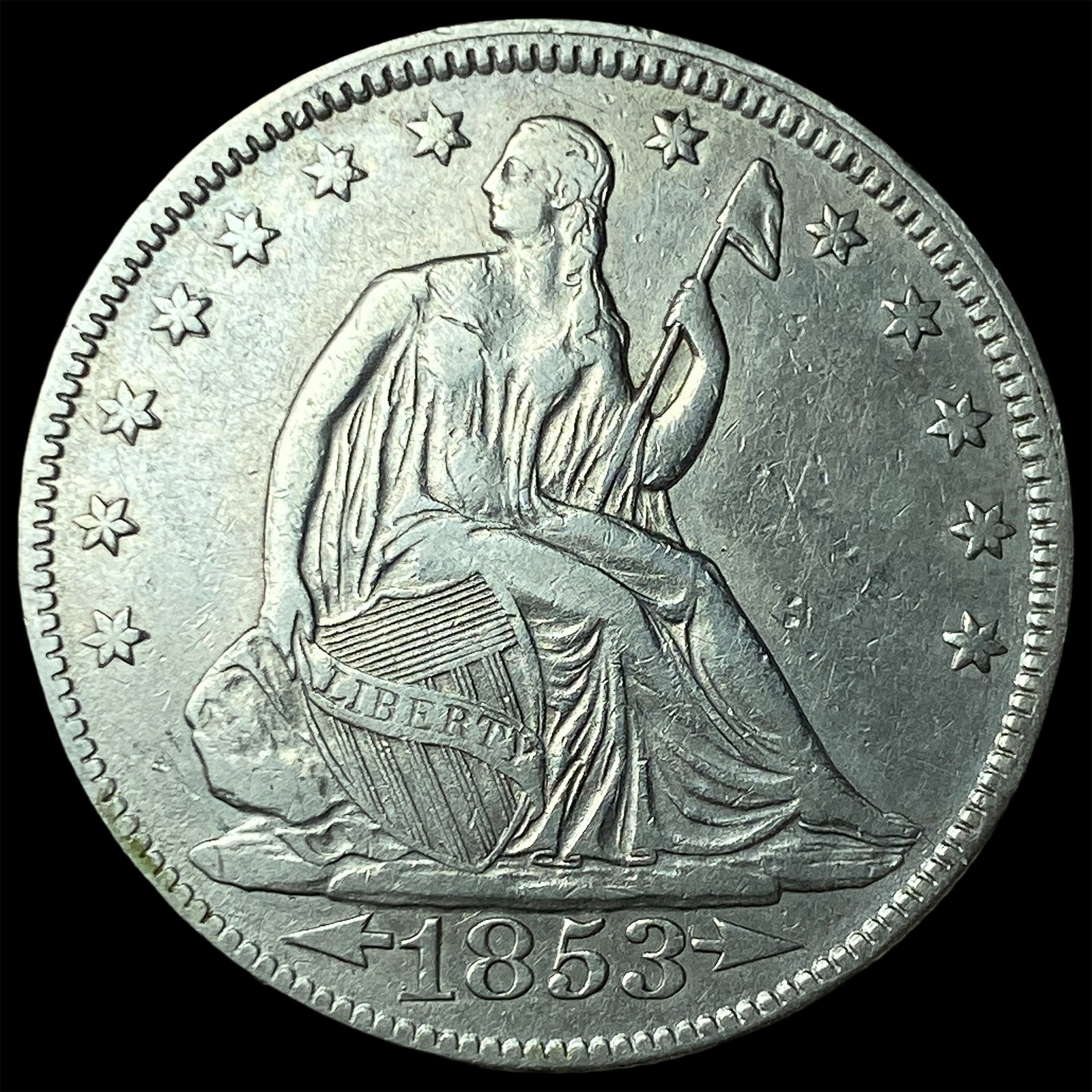1853 Arrows/Rays Seated Liberty Half Dollar NEARLY UNCIRCULATED: 1853 Arrows/Rays Seated Liberty Half Dollar NEARLY UNCIRCULATED