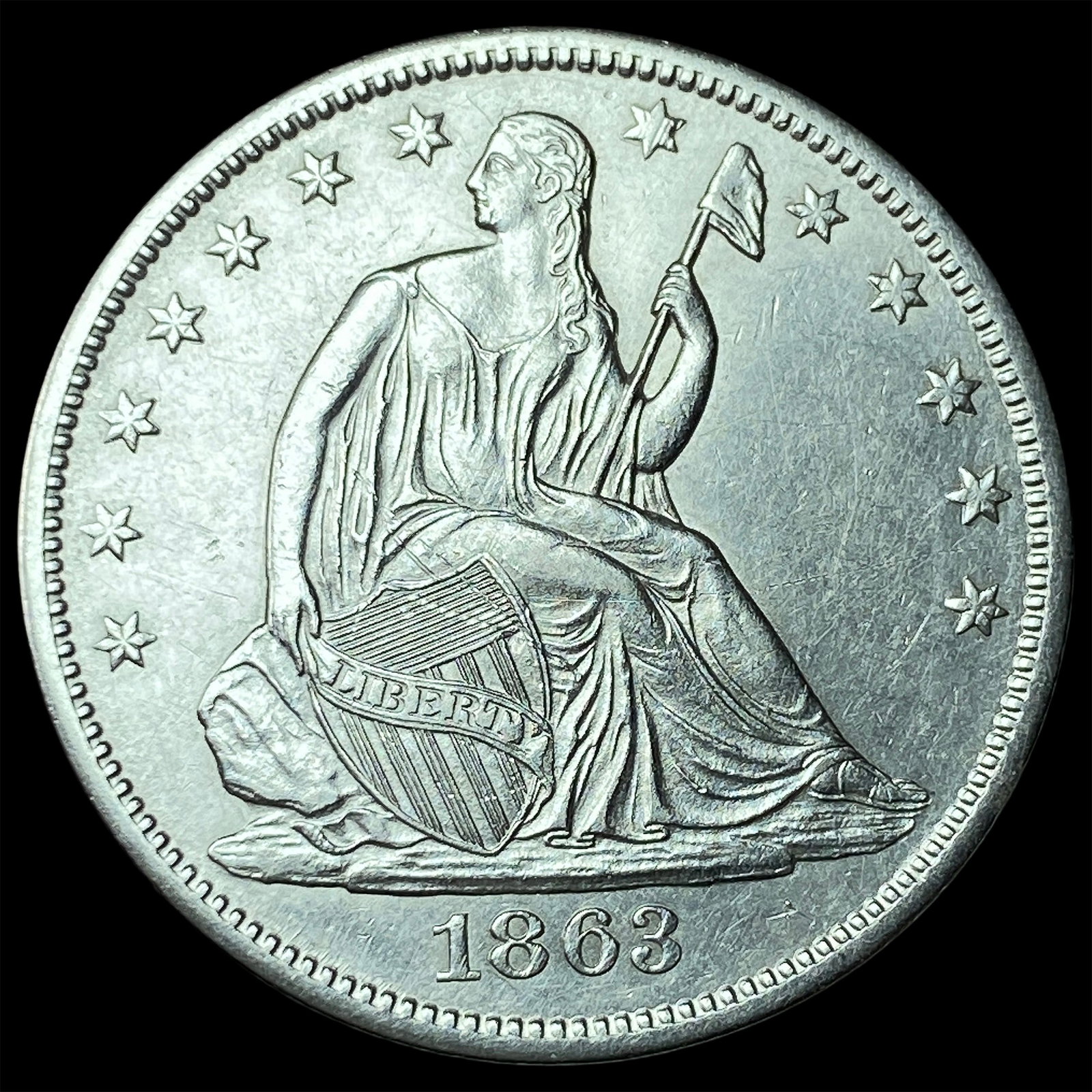 1863-S Silver Seated Liberty Half Dollar CLOSELY UNCIRCULATED: 1863-S Silver Seated Liberty Half Dollar CLOSELY UNCIRCULATED