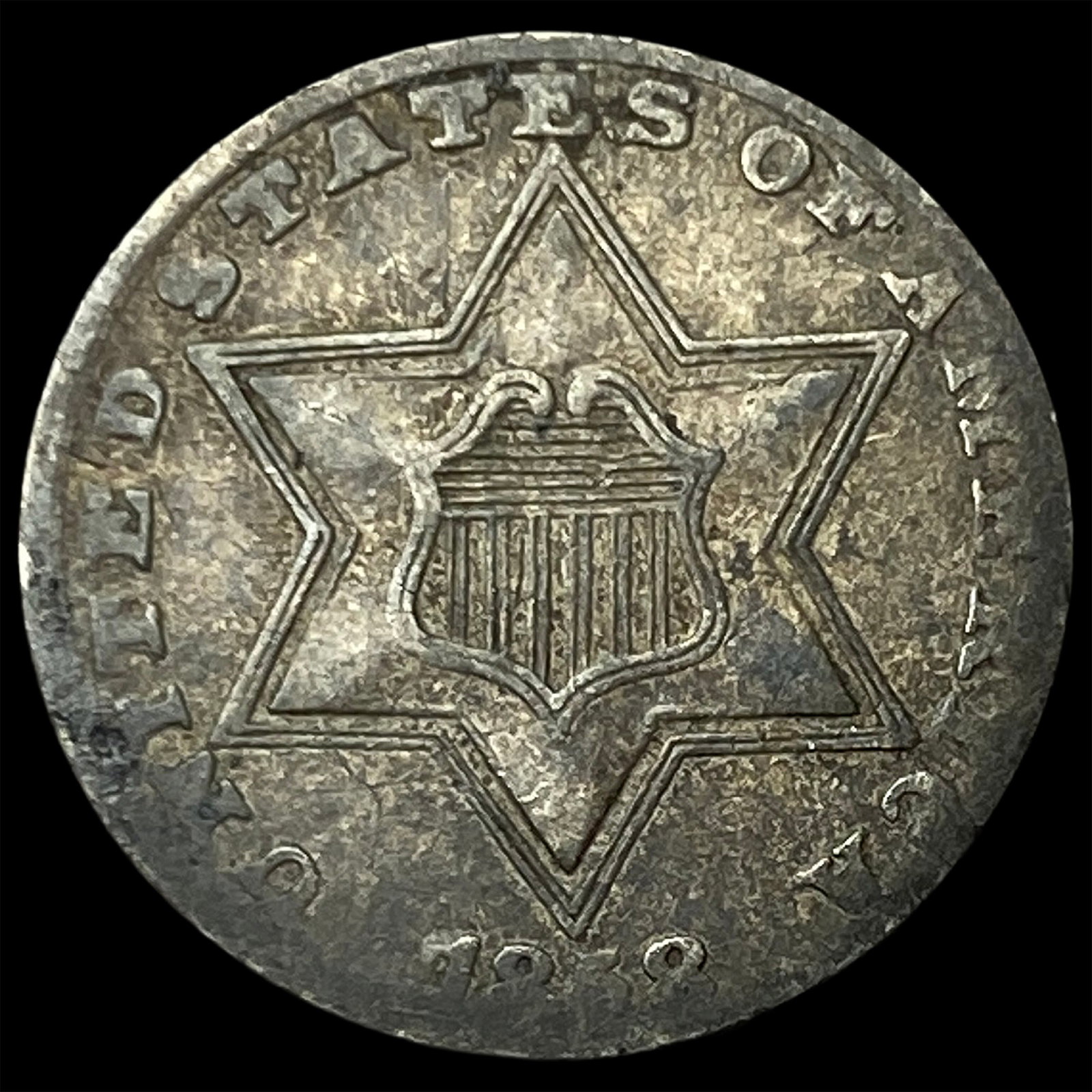 1858 Silver Three-Cent Piece NEARLY UNCIRCULATED: 1858 Silver Three-Cent Piece NEARLY UNCIRCULATED