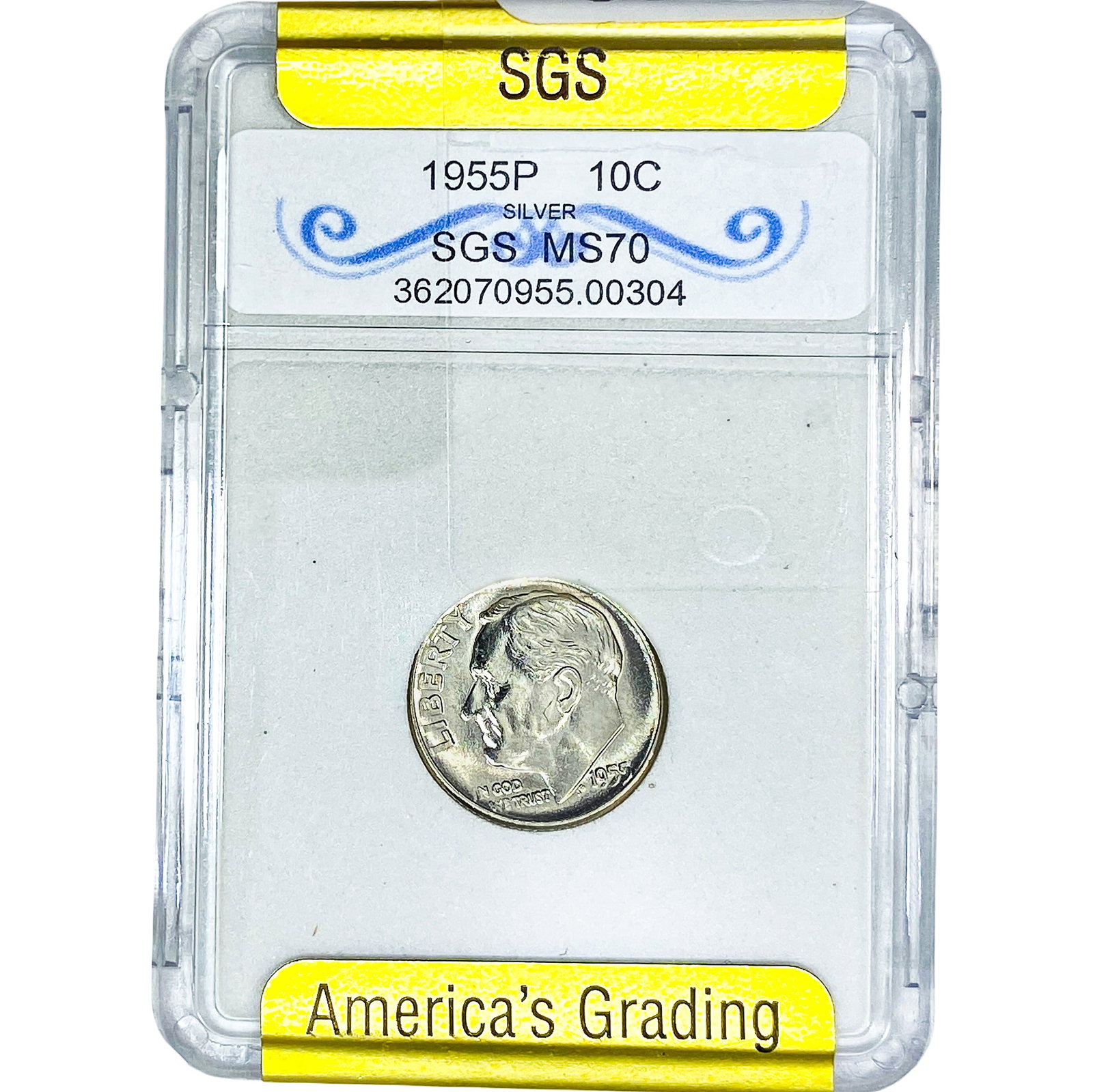 1955 Roosevelt Dime SGS MS70: 1955 Roosevelt Dime SGS MS70