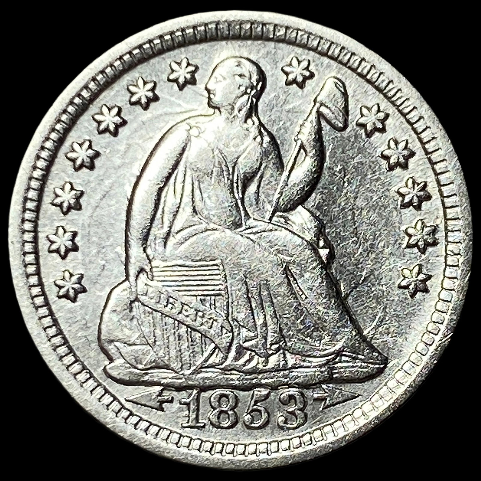 1853 Arrows Seated Liberty Half Dime CLOSELY UNCIRCULATED: 1853 Arrows Seated Liberty Half Dime CLOSELY UNCIRCULATED