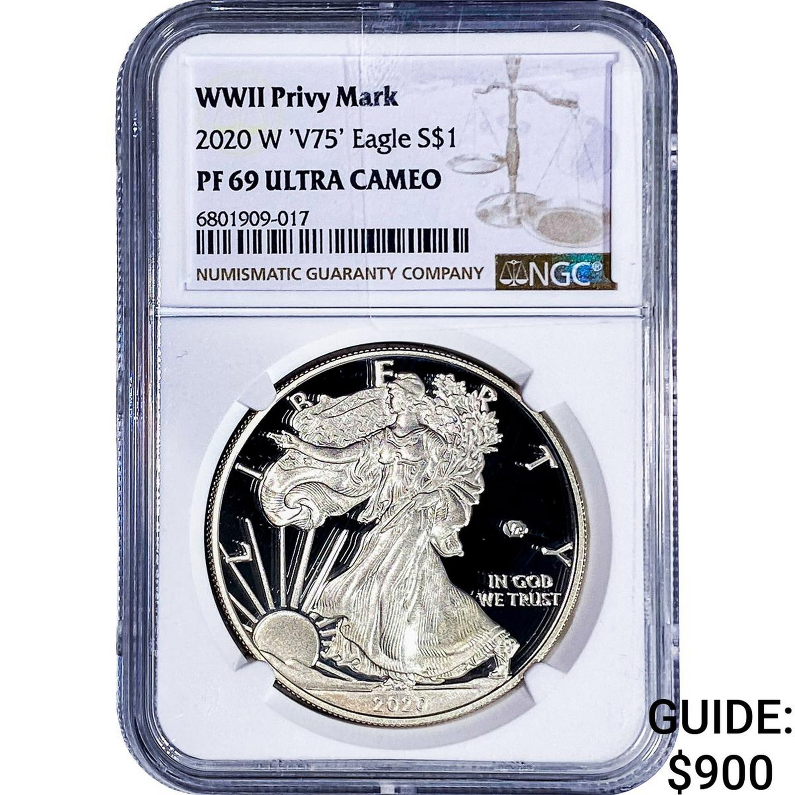 202 W 'V75' Silver Eagle NGC PF69 WWII Privy Mark: 202 W 'V75' Silver Eagle NGC PF69 WWII Privy Mark
