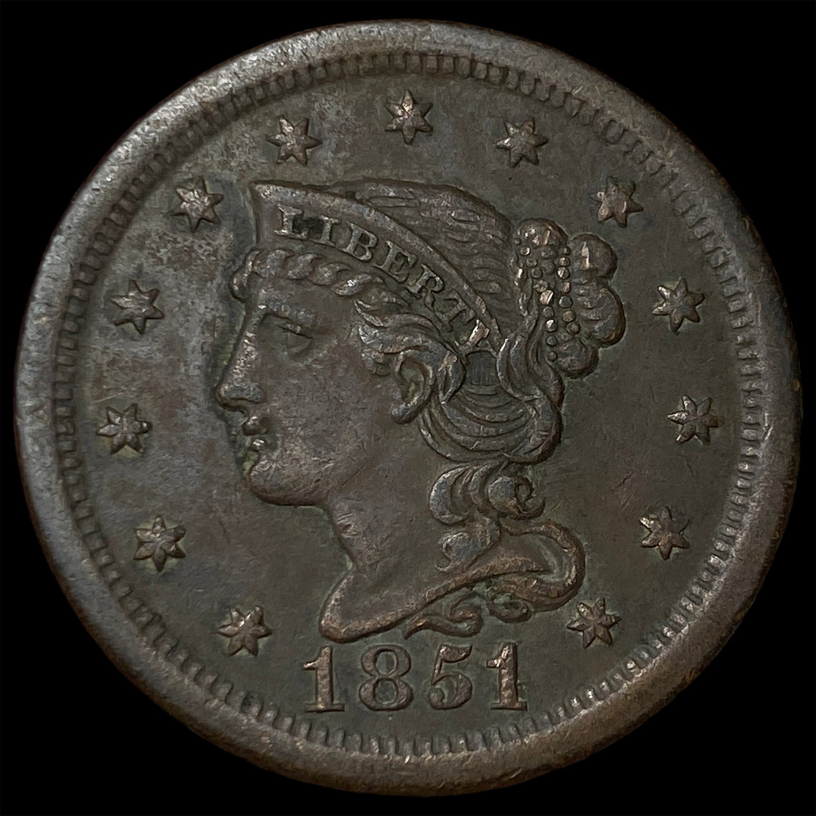 1851 Braided Hair Large Cent HIGH GRADE: 1851 Braided Hair Large Cent HIGH GRADE