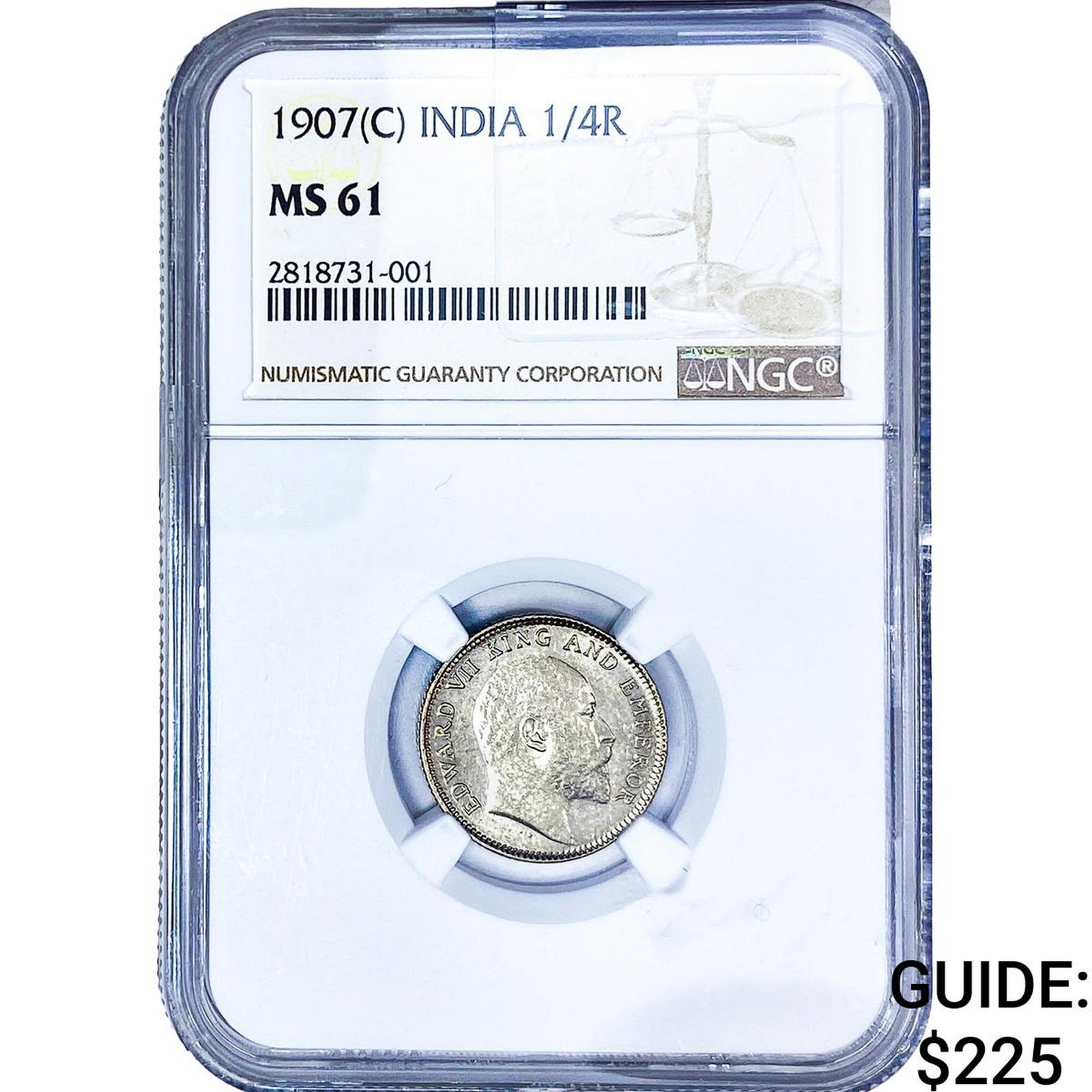 1907[C] British India Silver 1/4 Rupee NGC MS61: 1907[C] British India Silver 1/4 Rupee NGC MS61