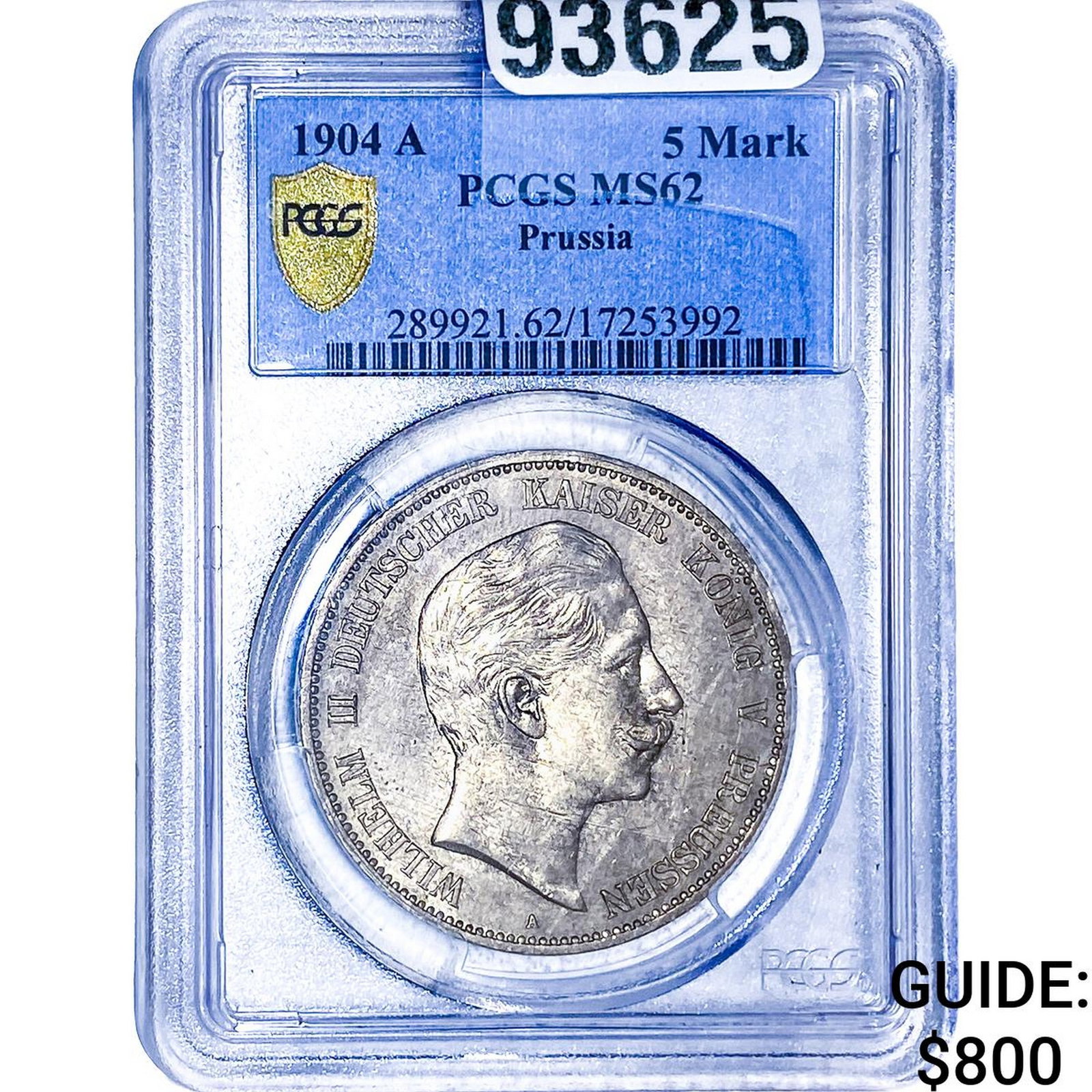 1904 A PCGS MS62 Prussia Silver 5 Mark: 1904 A PCGS MS62 Prussia Silver 5 Mark