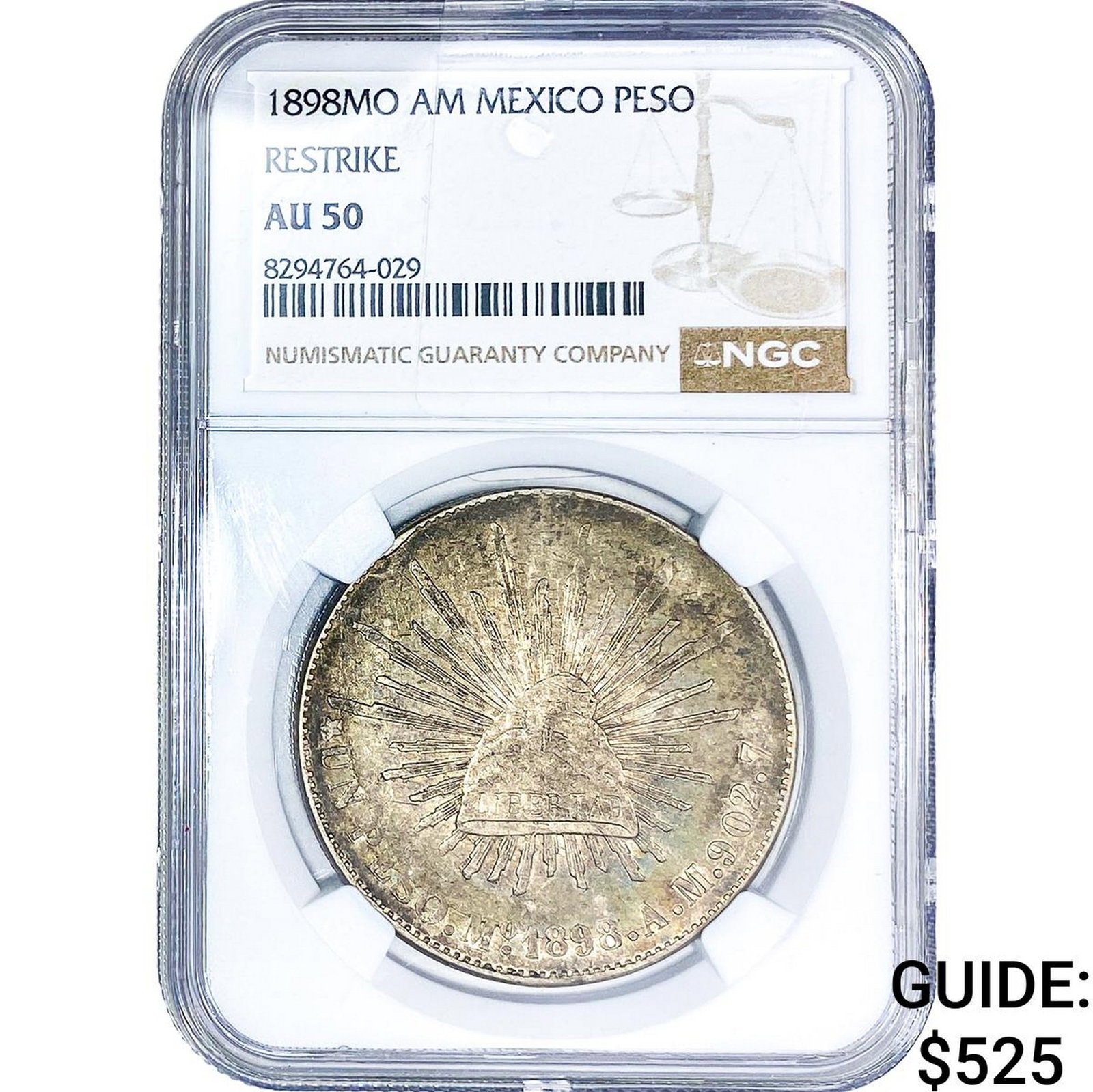 1898Mo AM Mexico Silver 1 Peso Restrike NGC AU50: 1898Mo AM Mexico Silver 1 Peso Restrike NGC AU50