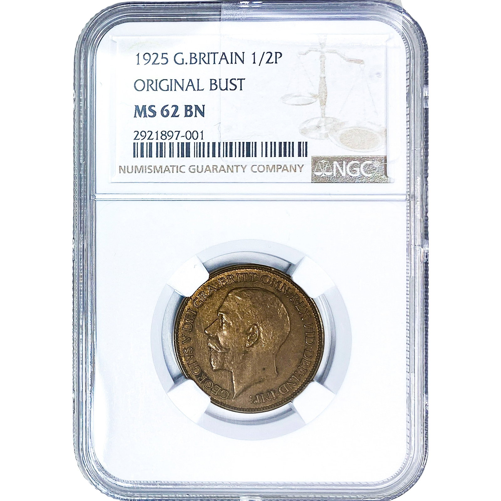 1925 Great Britain Bonze Half Penny Original Bust NGC MS62 BN: 1925 Great Britain Bonze Half Penny Original Bust NGC MS62 BN