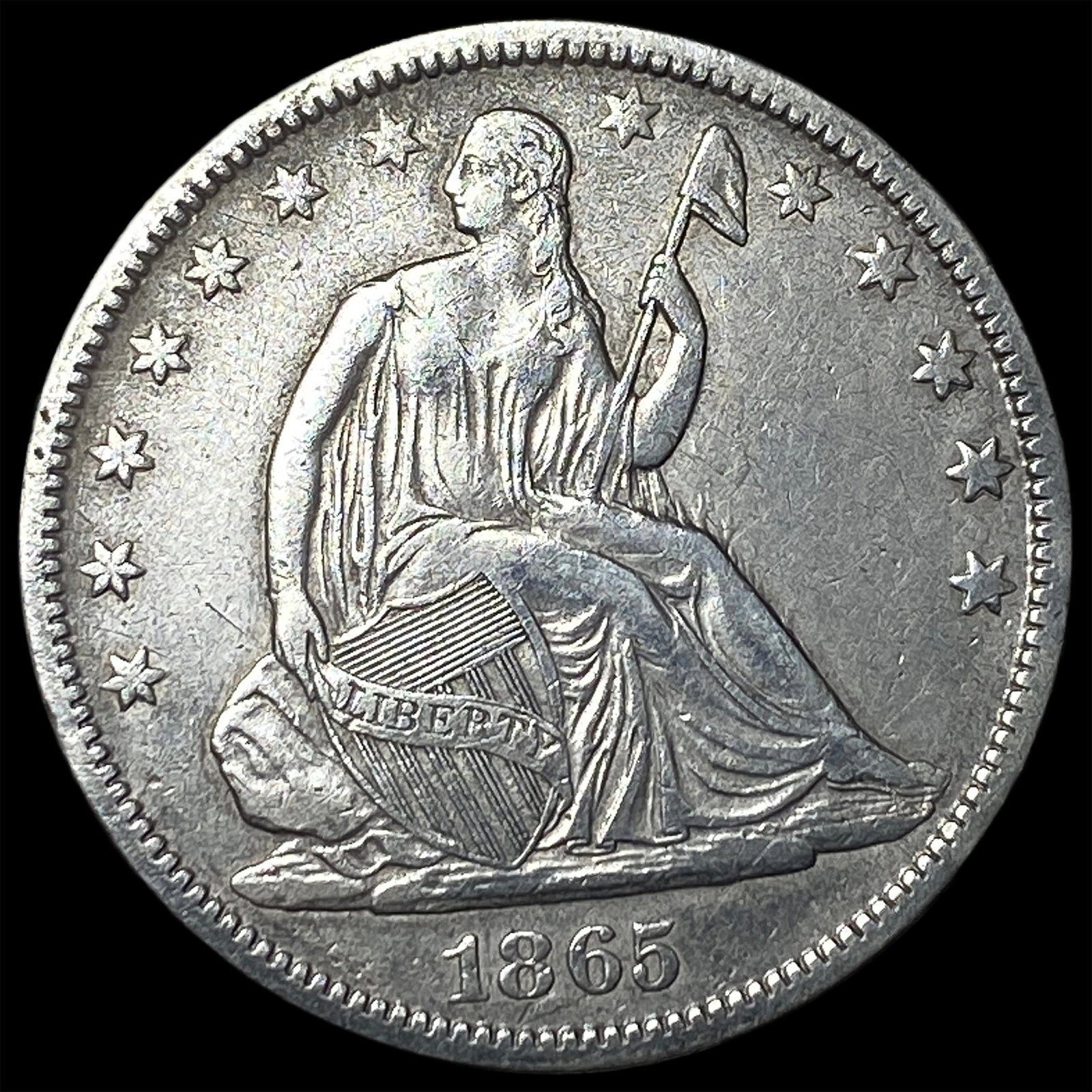 1865-S Silver Seated Liberty Half Dollar NEARLY UNCIRCULATED: 1865-S Silver Seated Liberty Half Dollar NEARLY UNCIRCULATED