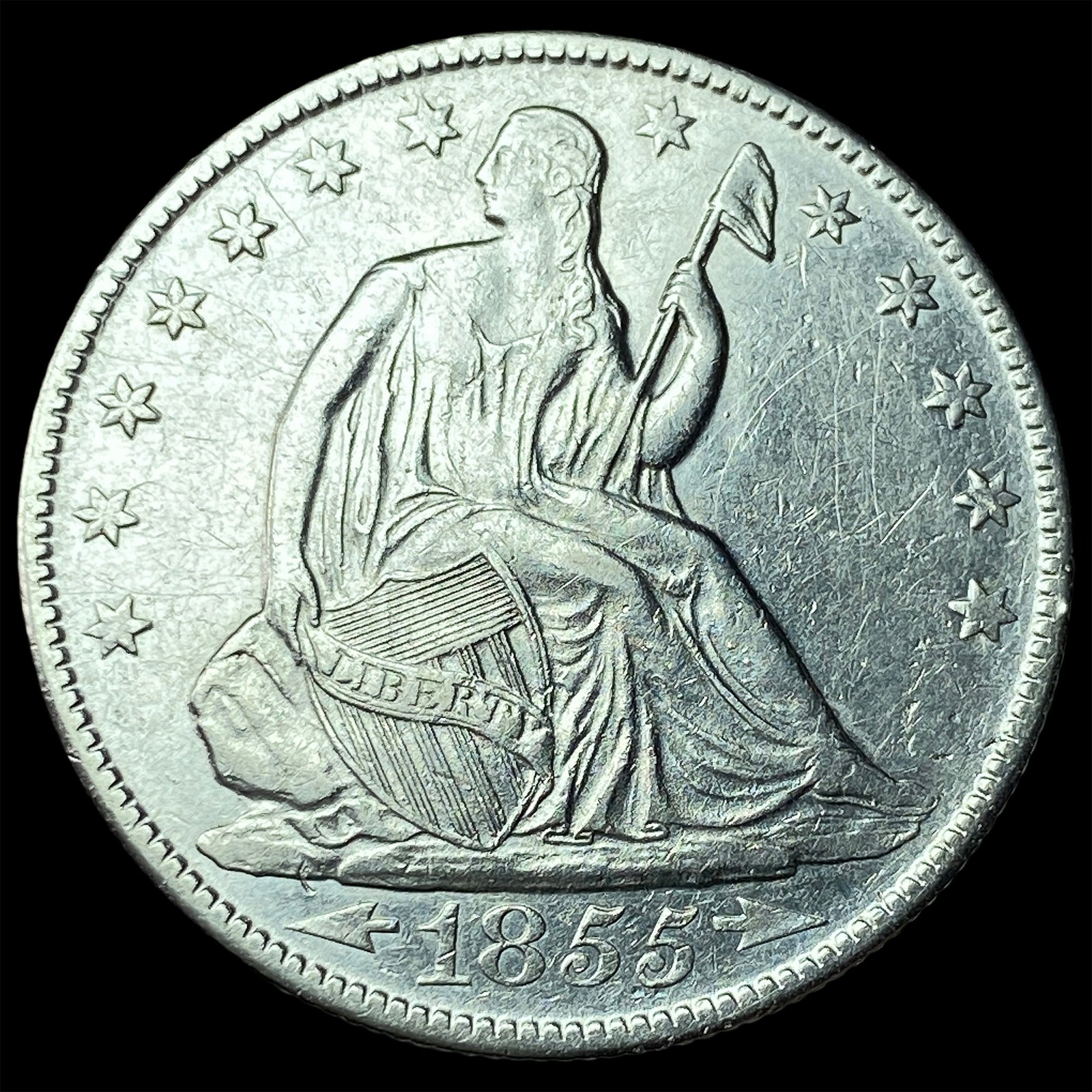 1855-O Silver Seated Liberty Half Dollar CLOSELY UNCIRCULATED: 1855-O Silver Seated Liberty Half Dollar CLOSELY UNCIRCULATED