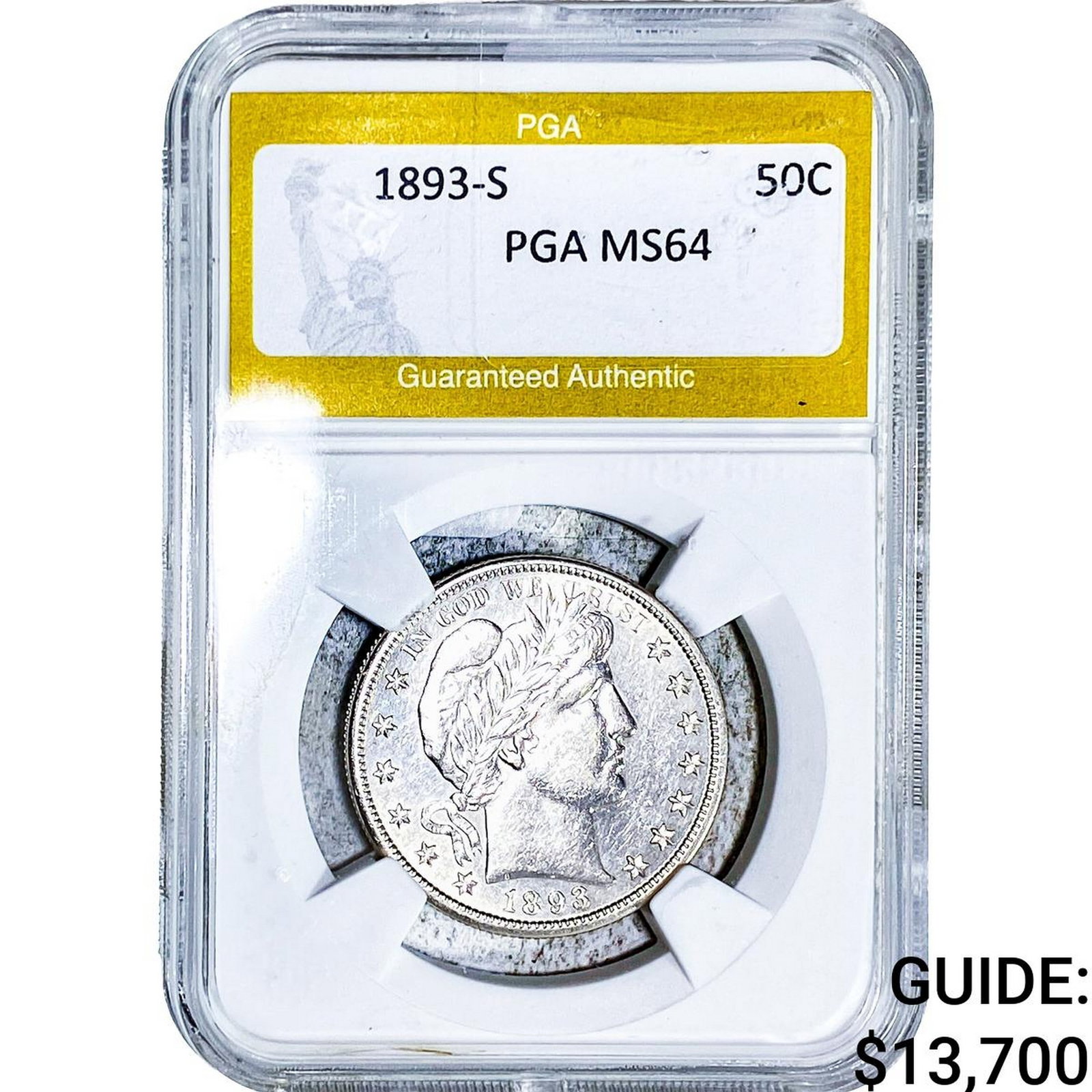 1893-S Barber Half Dollar PGA MS64: 1893-S Barber Half Dollar PGA MS64