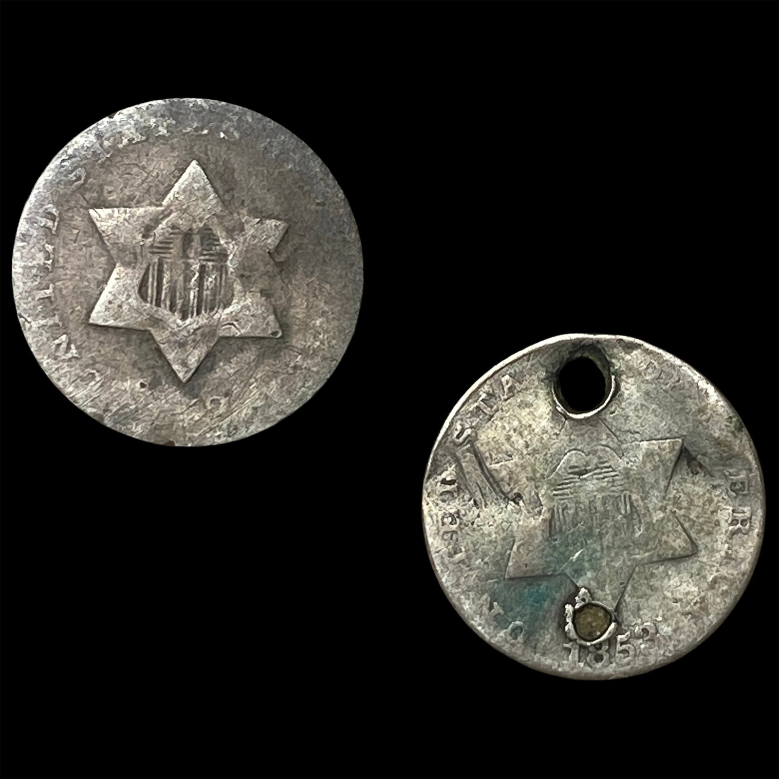 1852 Silver Three-Cent Piece (holed) NICELY CIRCULATED: 1852 Silver Three-Cent Piece (holed) NICELY CIRCULATED