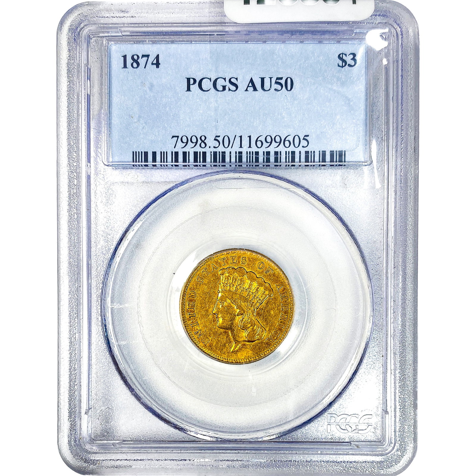1874 $3 Gold Piece PCGS AU50: 1874 $3 Gold Piece PCGS AU50